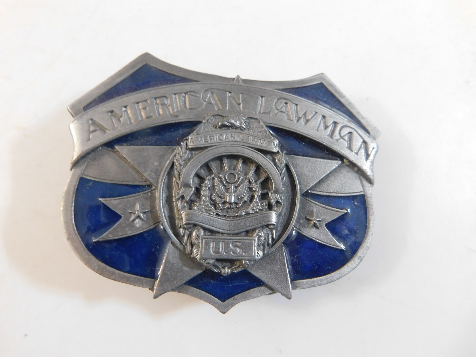 1986 US AMERICAN LAWMAN ENAMEL PEWTER BELT BUCKLE SISKIYOU