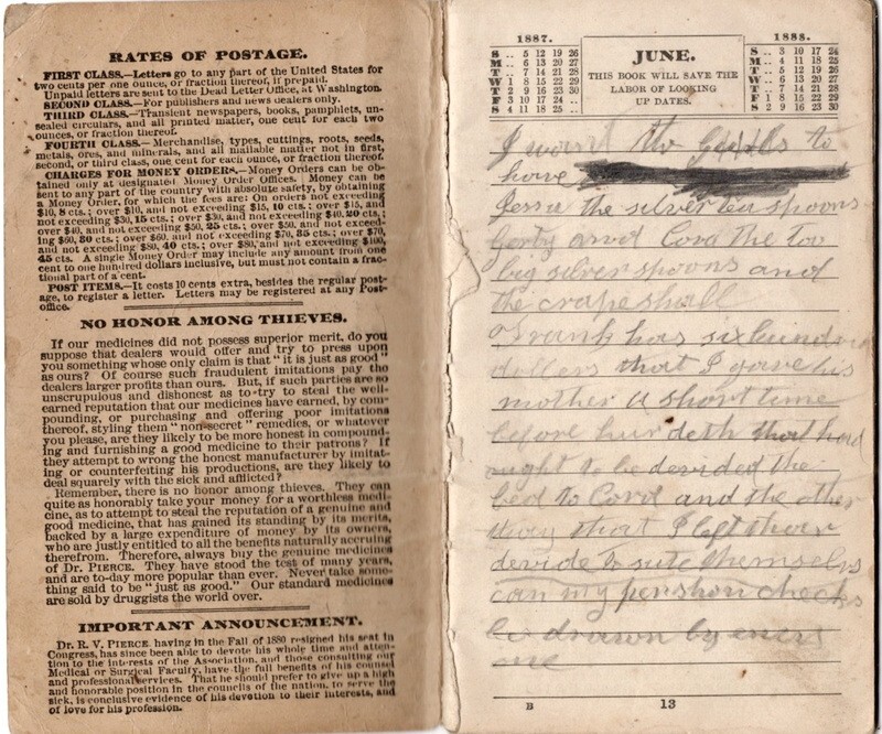 1887-88 Pierce&rsquo;s Memorandum and Account Book w/ Product Ads & Testimonials, USED