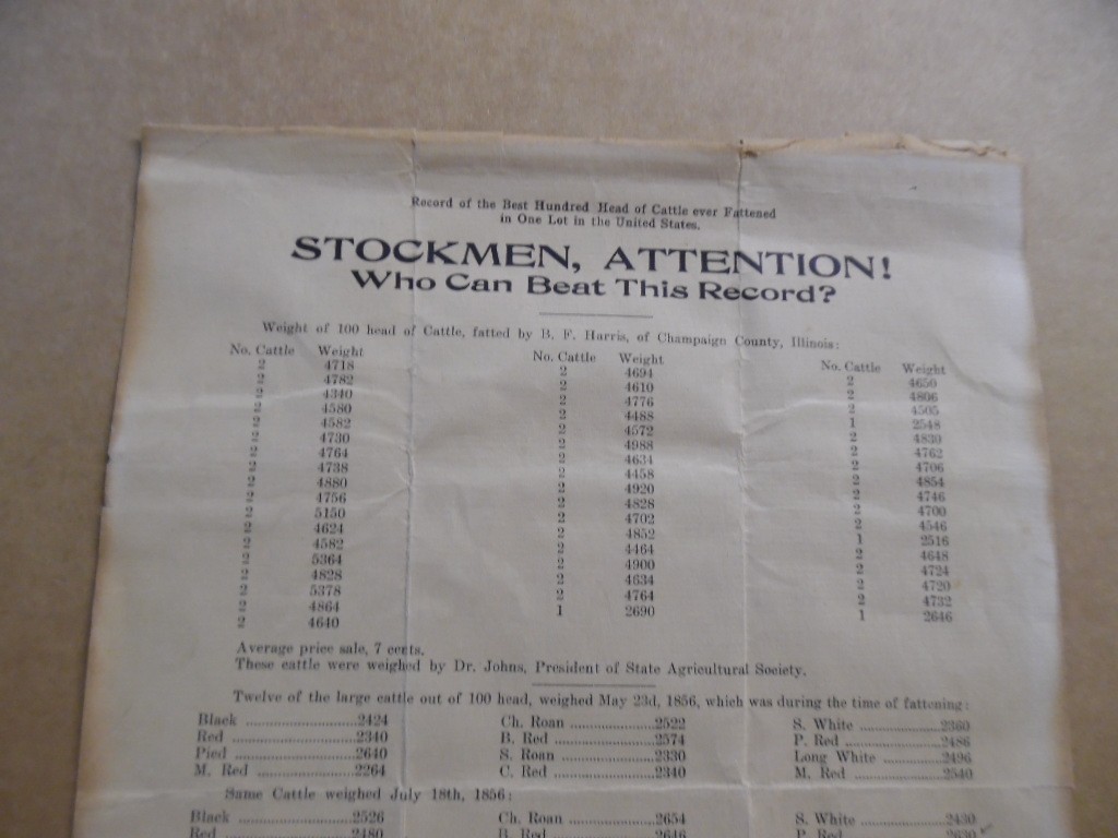 c.1875 B.F. Harris Cattle Breeder Promo Broadside Champaign Illinois Chicago