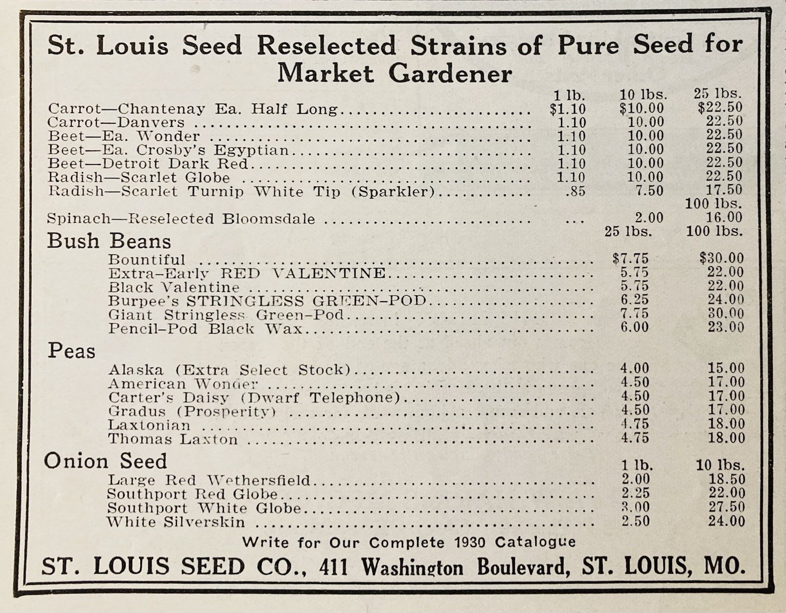 1930 AD.(XH86)~ST. LOUIS SEED CO. SEED STRAINS FOR MARKET GARDENER LIST PRICE