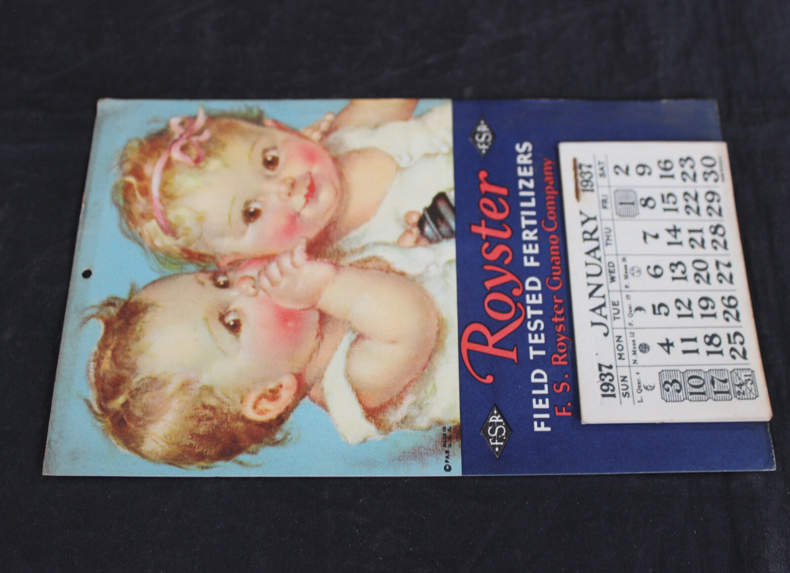1937 ROYSTER FIELD TESTED FERTILIZERS ADVERTISING CALENDAR, FS ROYSTER GUANO CO.