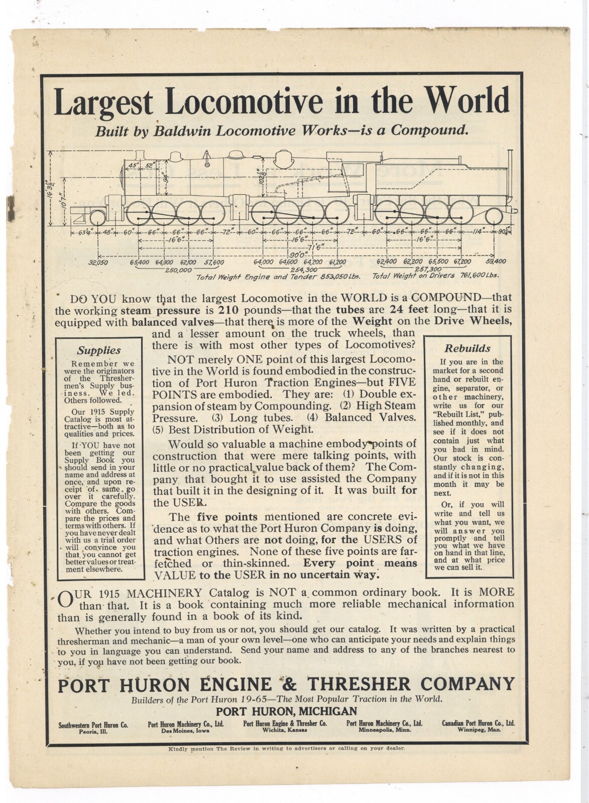 1915 Port Huron Engine & Thresher Ad: Baldwin Steam Locomotive Cross Section