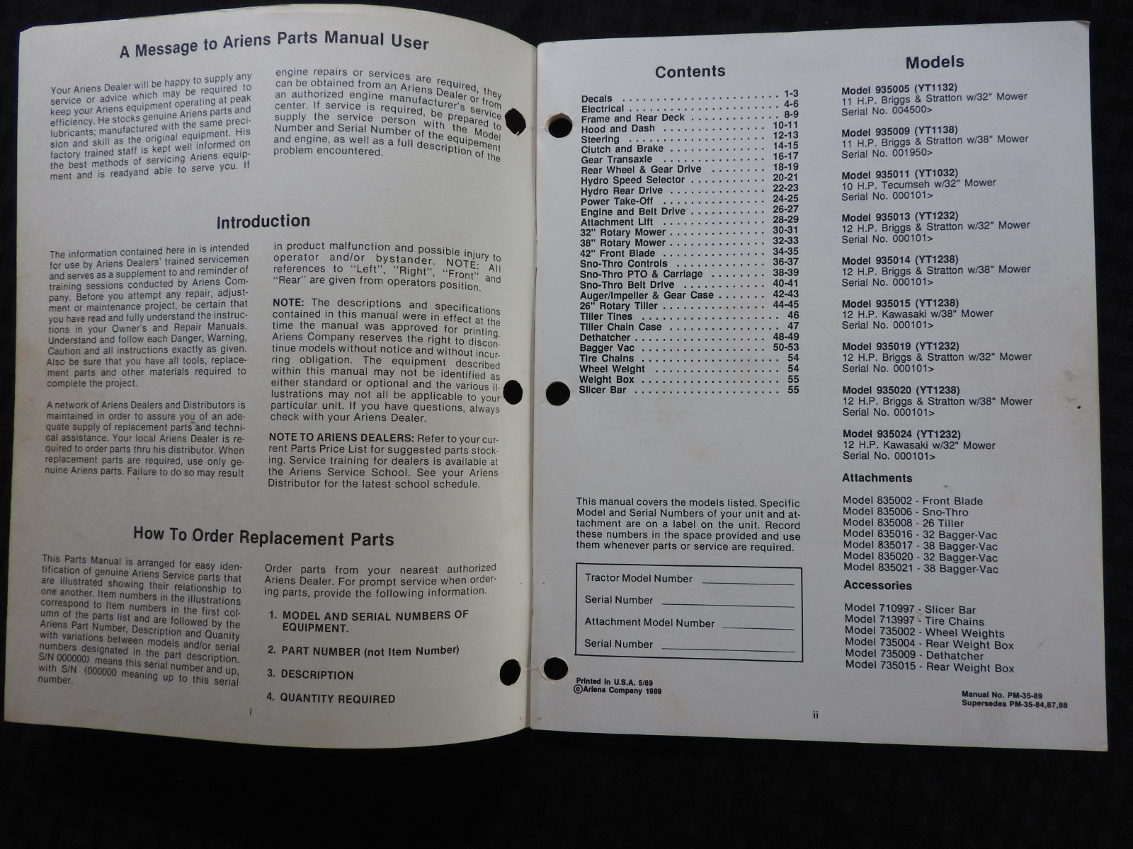 GENUINE ARIENS SIERRA 935 SERIES LAWN TRACTOR PARTS CATALOG MANUAL CLEAN 1989