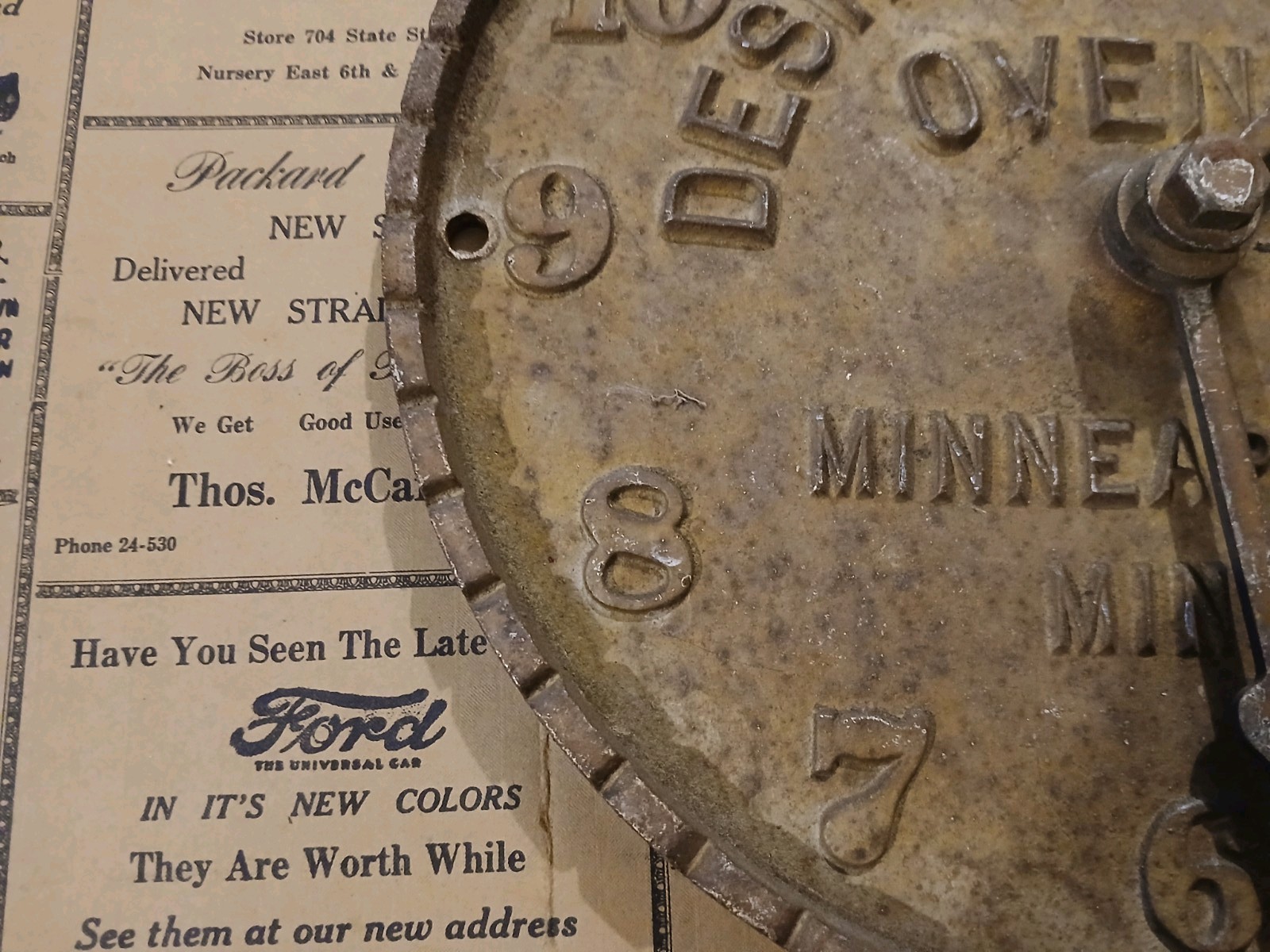 Antique Early Despatch Oven Clock Cast Iron Advertising Minneapolis Minnesota