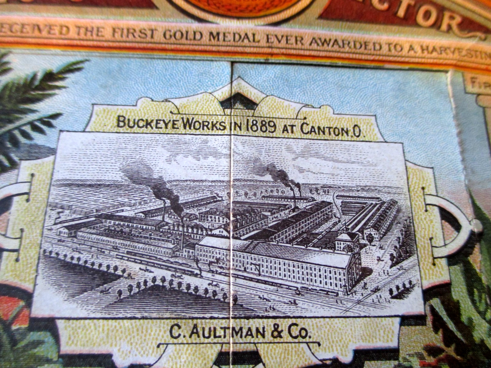 1889 BUCKEYE HARVESTING MACHINE FACTORY FOLD OUT TRADE CARD- CANTON AKRON OHIO