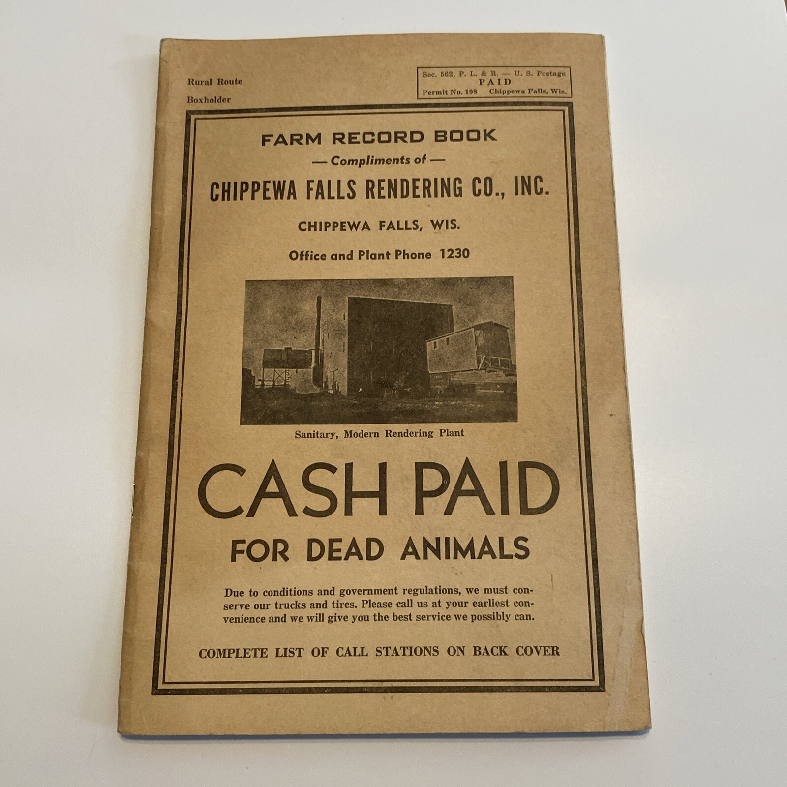 CASH PAID FOR DEAD ANIMALS Chippewa Falls Rendering Advertising Farm Record Book