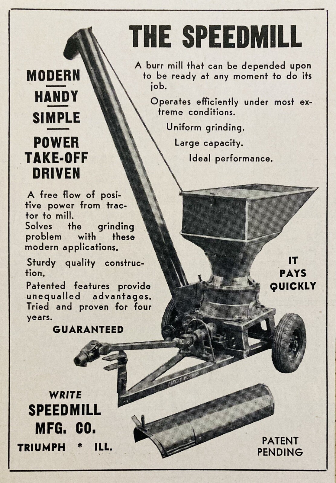 1946 AD.(XF18)~SPEEDMILL MFG. CO. TRIUMPH, ILL. SPEEDMILL BURR MILL