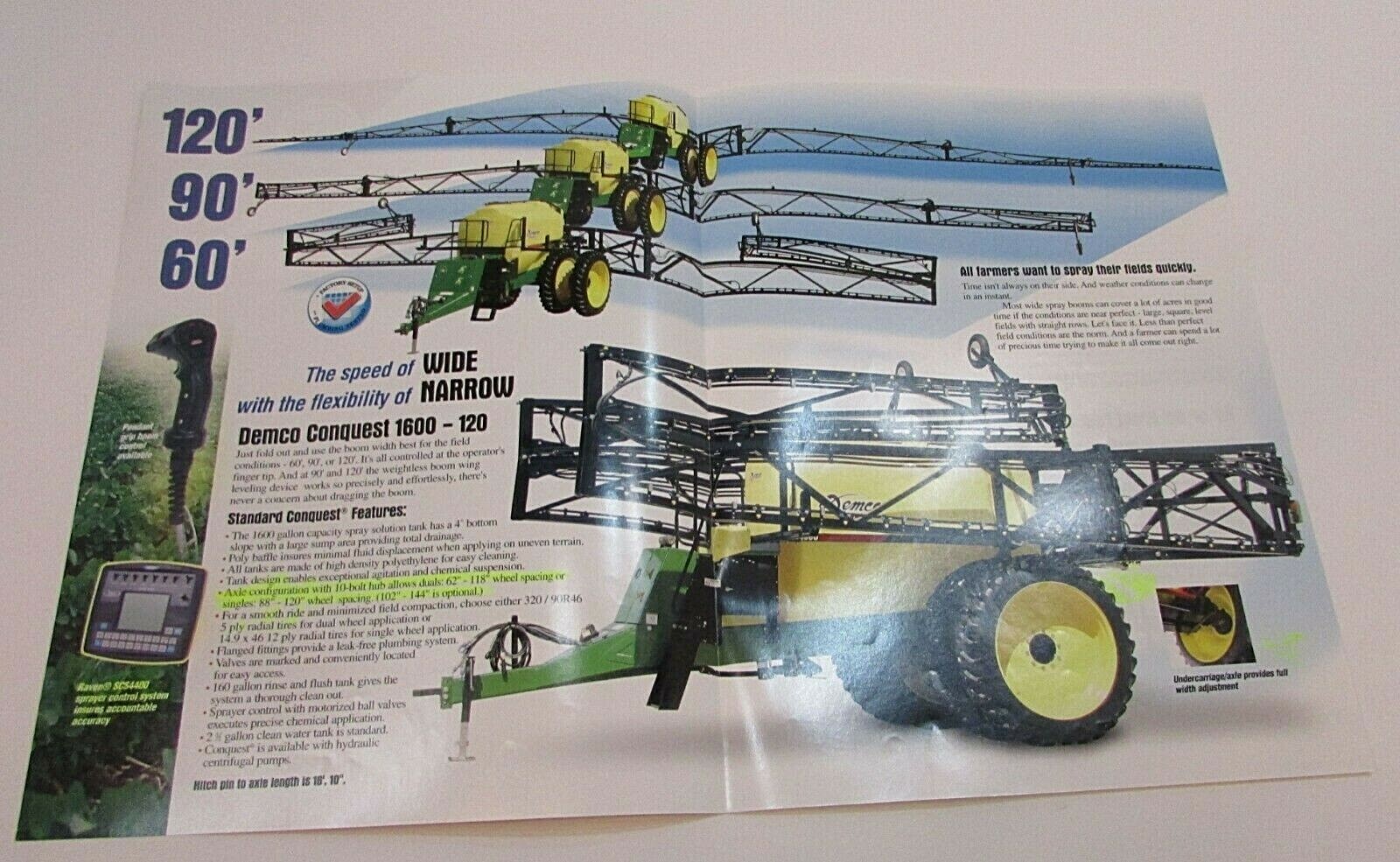 New 1990s Demco Conquest 1600 Gal 120&prime; Boom Farm Crop Sprayer Brochure FREE S/H