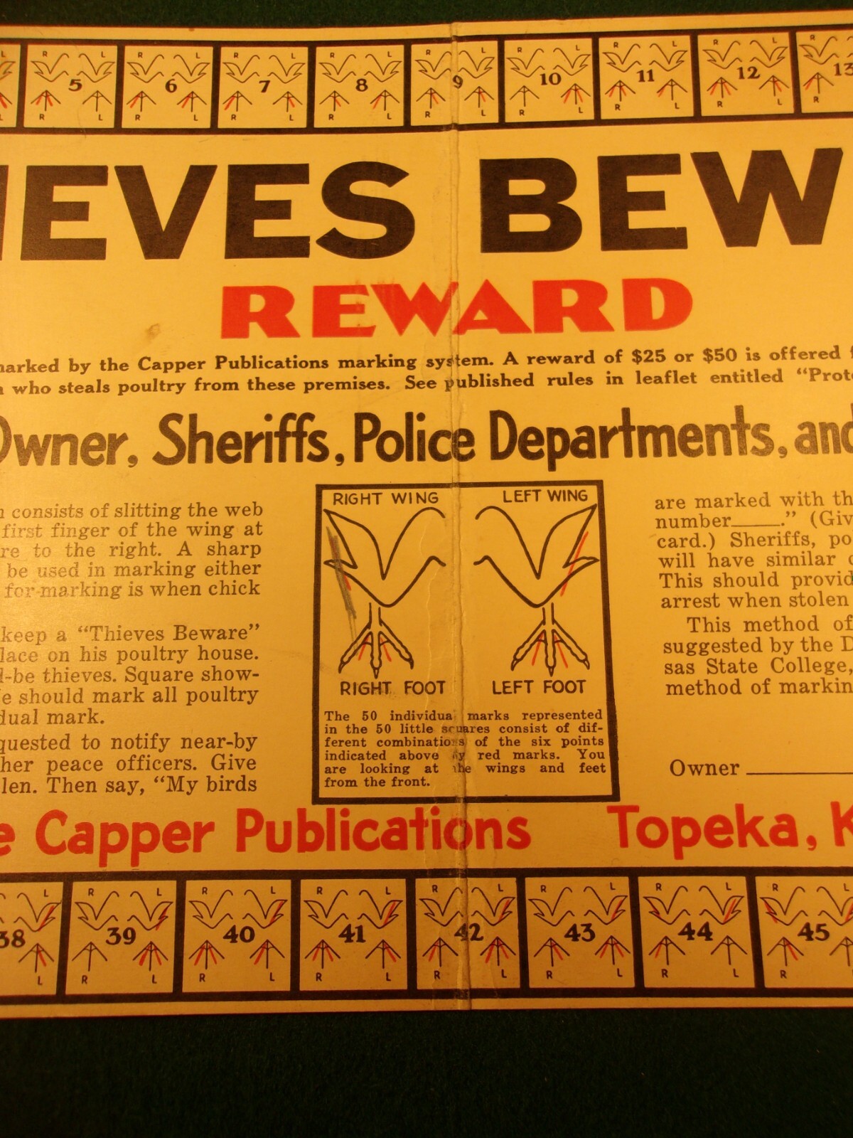 RARE OLD VTG ANTIQUE 1933 PLACARD: THIEVES BEWARE, REWARD (FOR POULTRY THEFT)