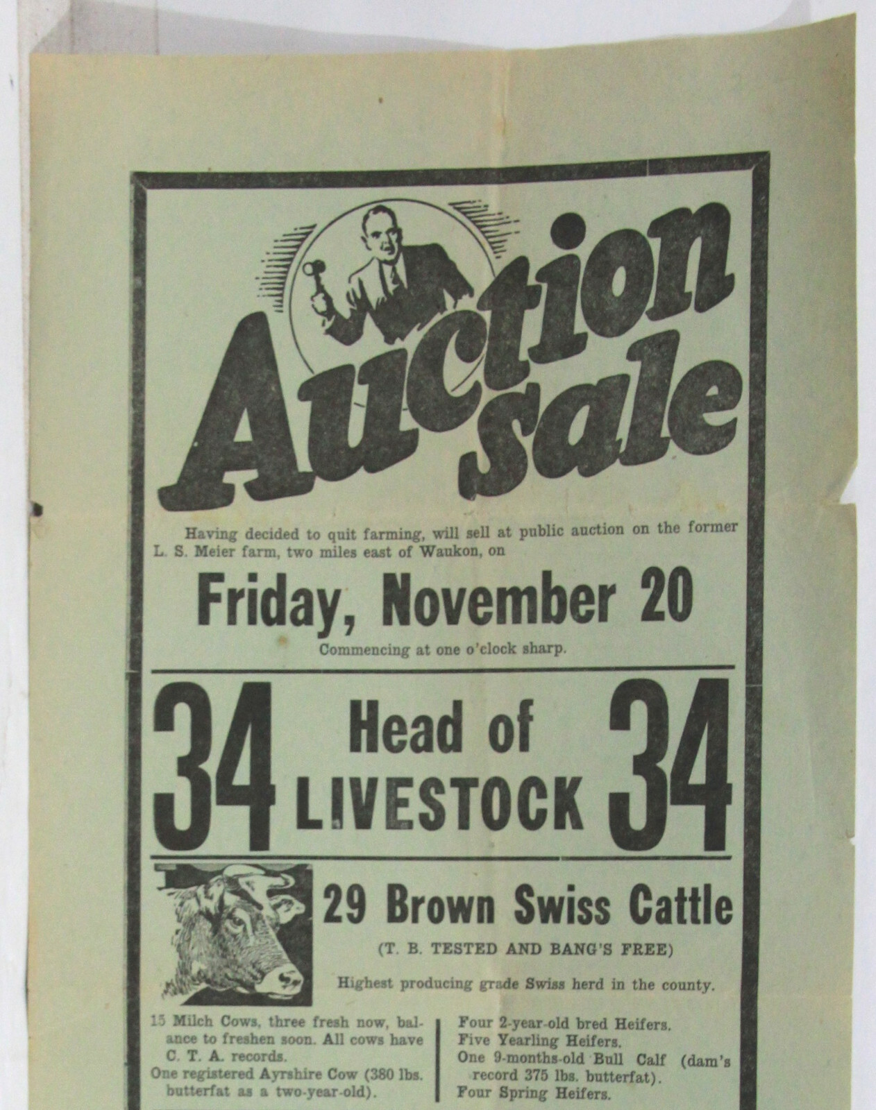 Farm Auction Broadside – Livestock & Farm Machinery & Household Waukon IA c1936