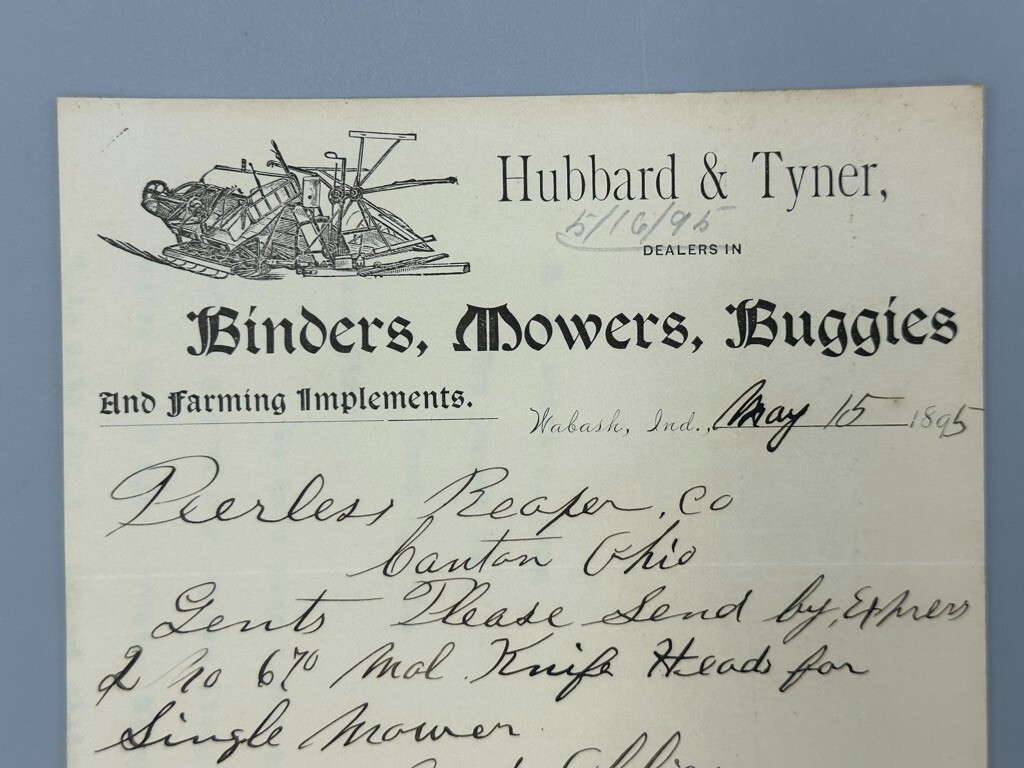 1895 FARM Machinery HUBBARD & TYNER Advertising Letterhead WABASH Indiana Antiq