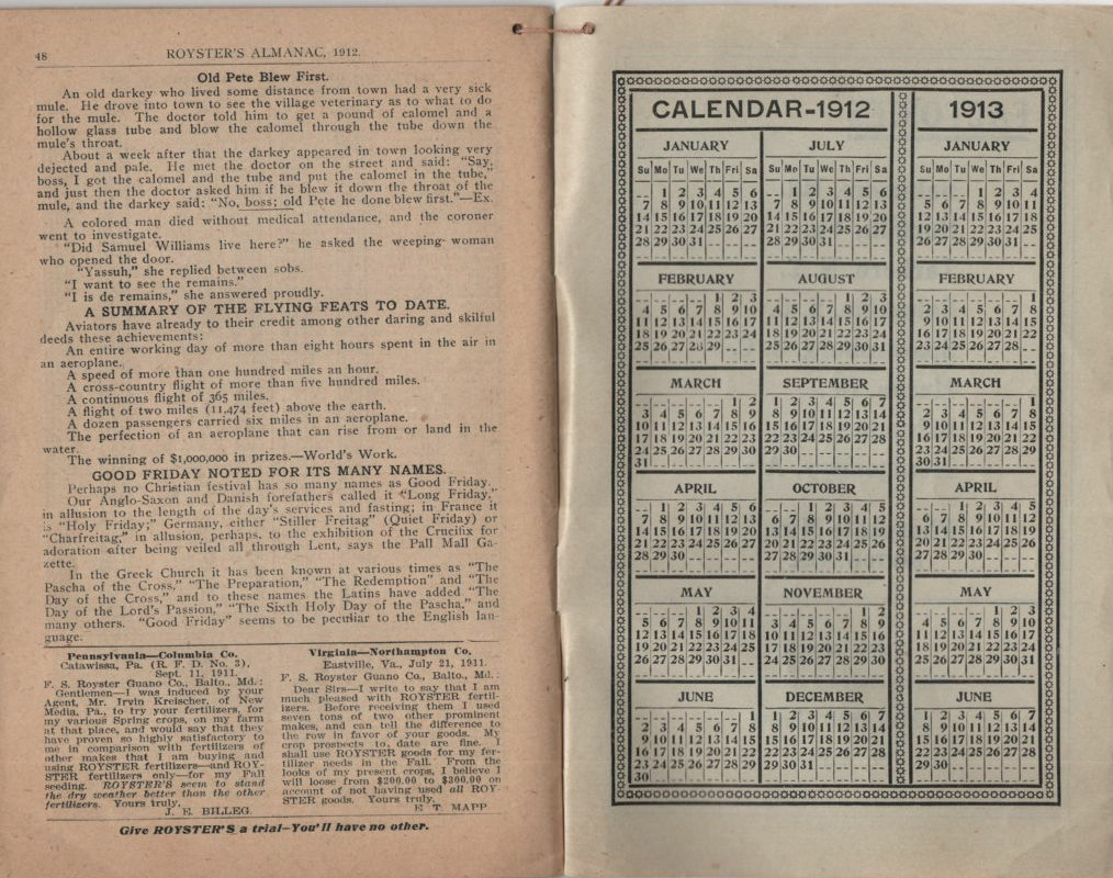 1912 Baltimore Royster Guano Co. Almanac Advertising Piece 50p. Facts Weather