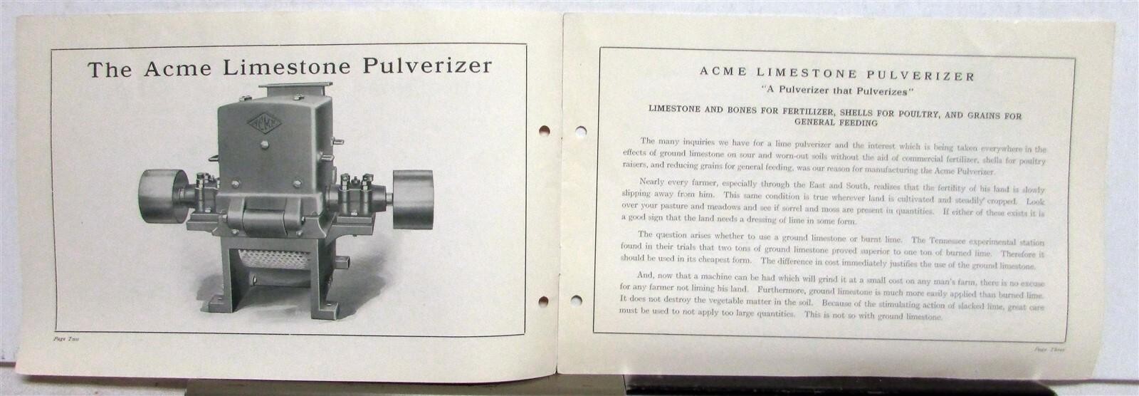 1910s ACME Road Machinery Limestone Pulverizer Construction Sales Brochure