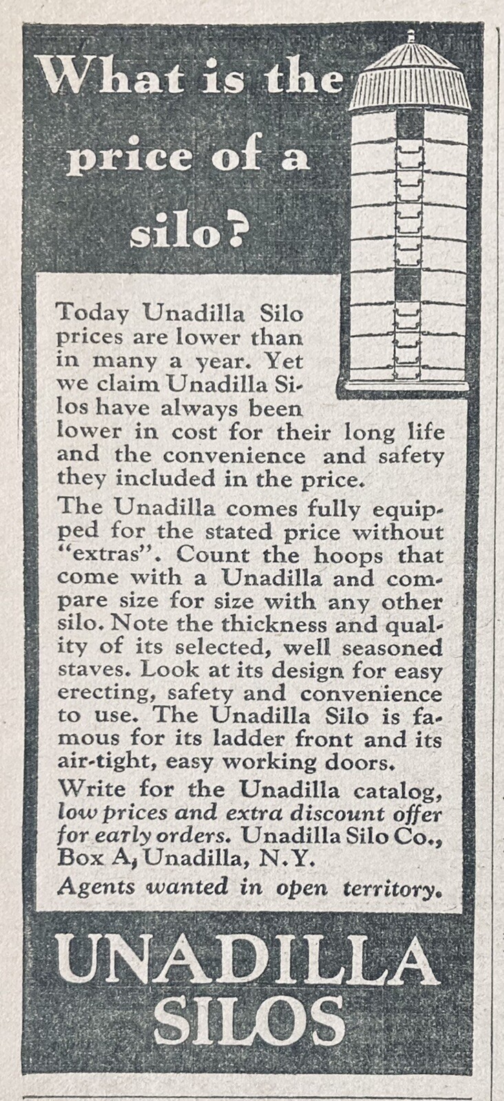 1932 AD(XH33)~UNADILLA SILO CO. UNADILLA, NY. FARM SILOS~~