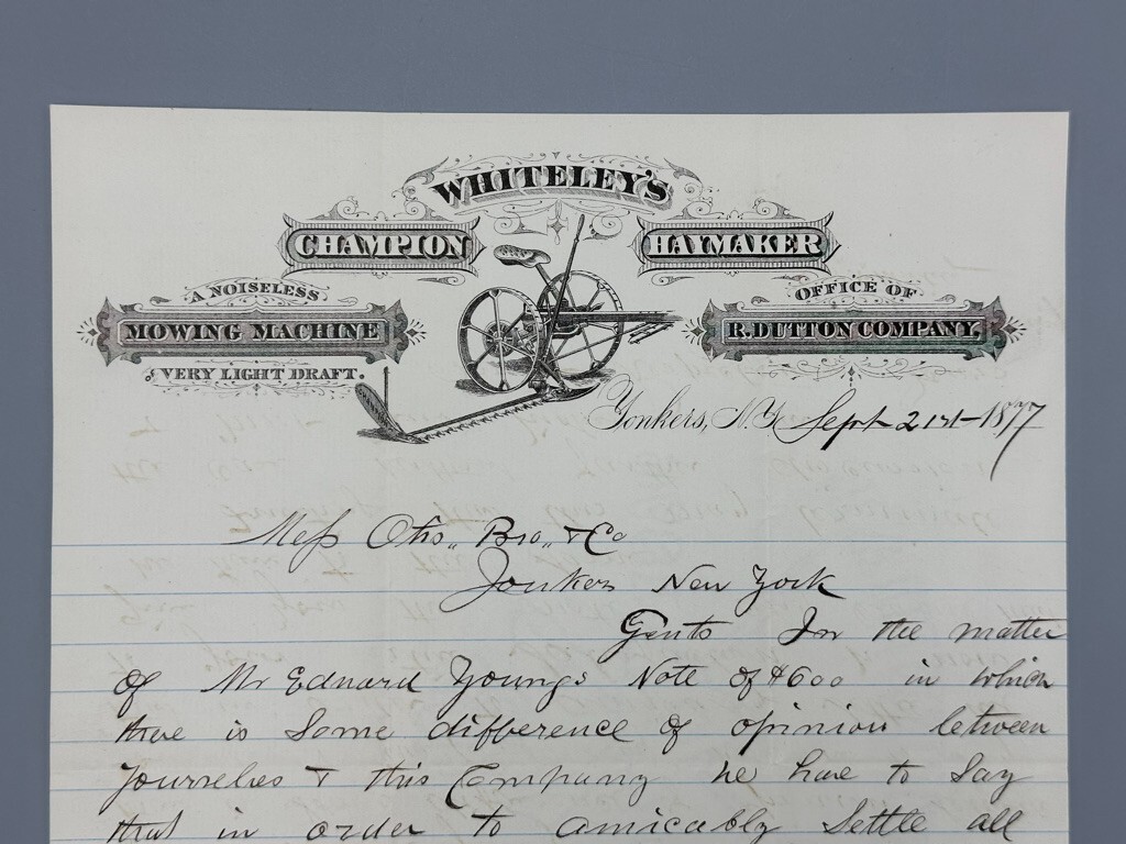1877 WHITELEY&rsquo;s CHAMPION HAYMAKER Mower FARM ADVERTISING Letterhead YONKERS NY