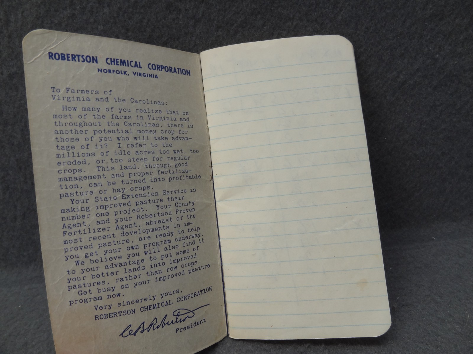 The 1953 Robertson Crop & Memo Book Mini Pamphlet Chemical Corp VA NC Notes
