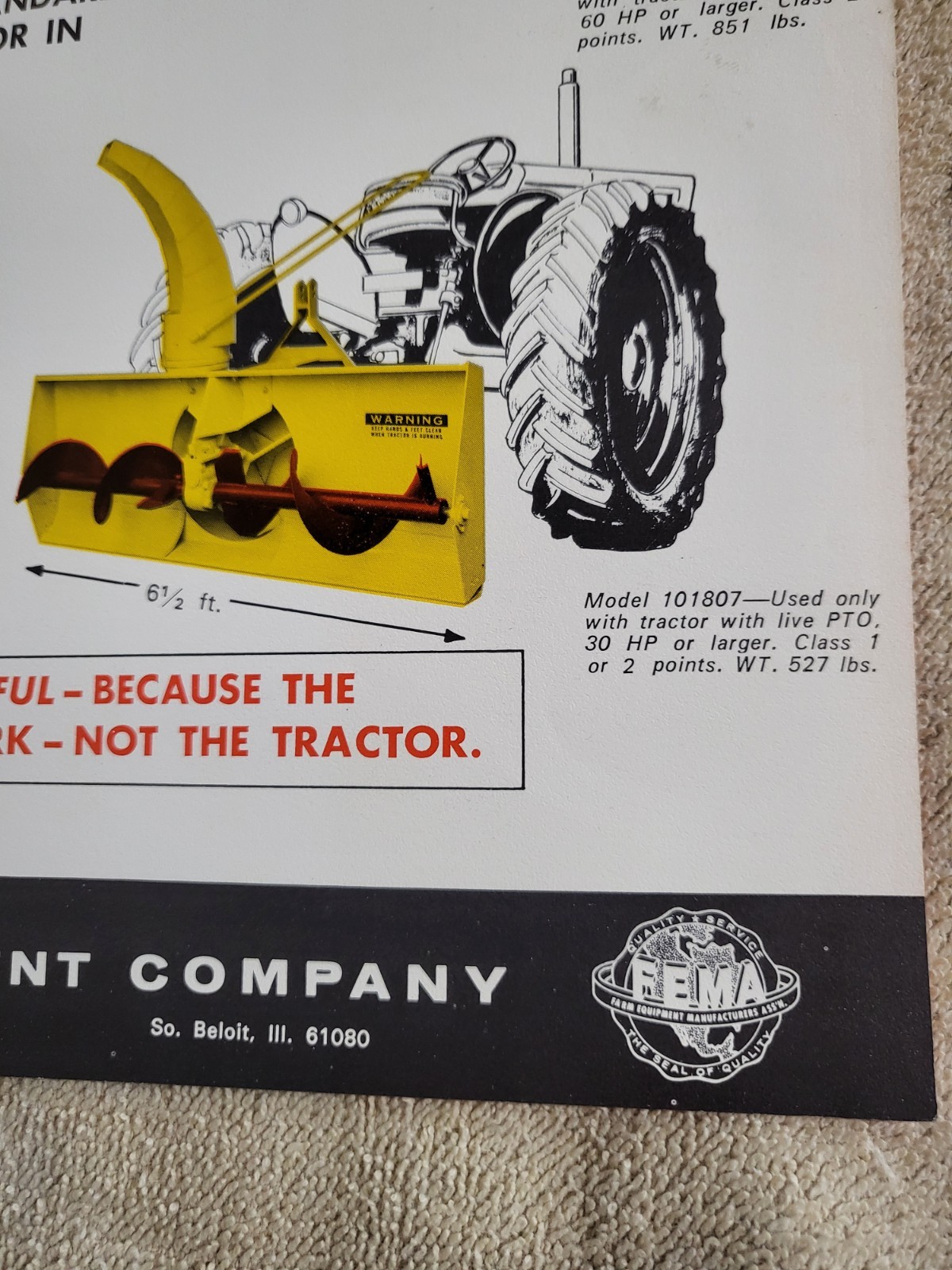 HANSON Vintage 1960s Snowblowers Sales BROCHURE Tractor Rear Mount PTO 3point