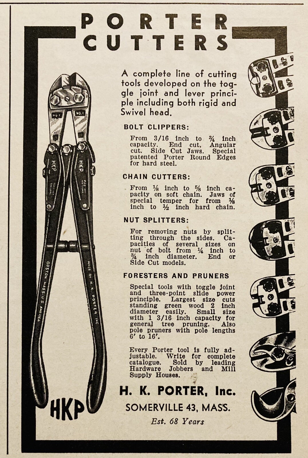 1948 AD.(XH80)~H.K. PORTER, INC. SOMERVILLE, MASS. PORTER CUTTING TOOLS