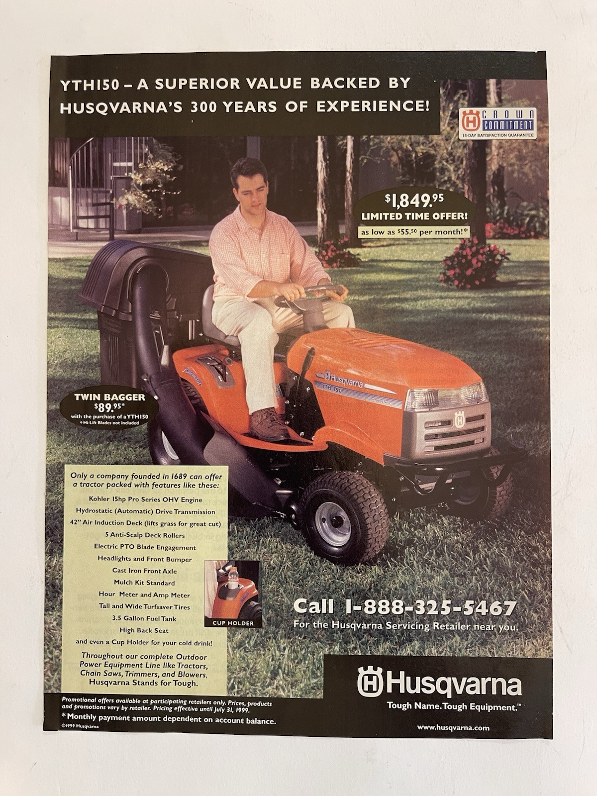 Vintage 1999 Print Ad Husqvarna YTH150 Tractor Riding Lawn Mower Advertisement