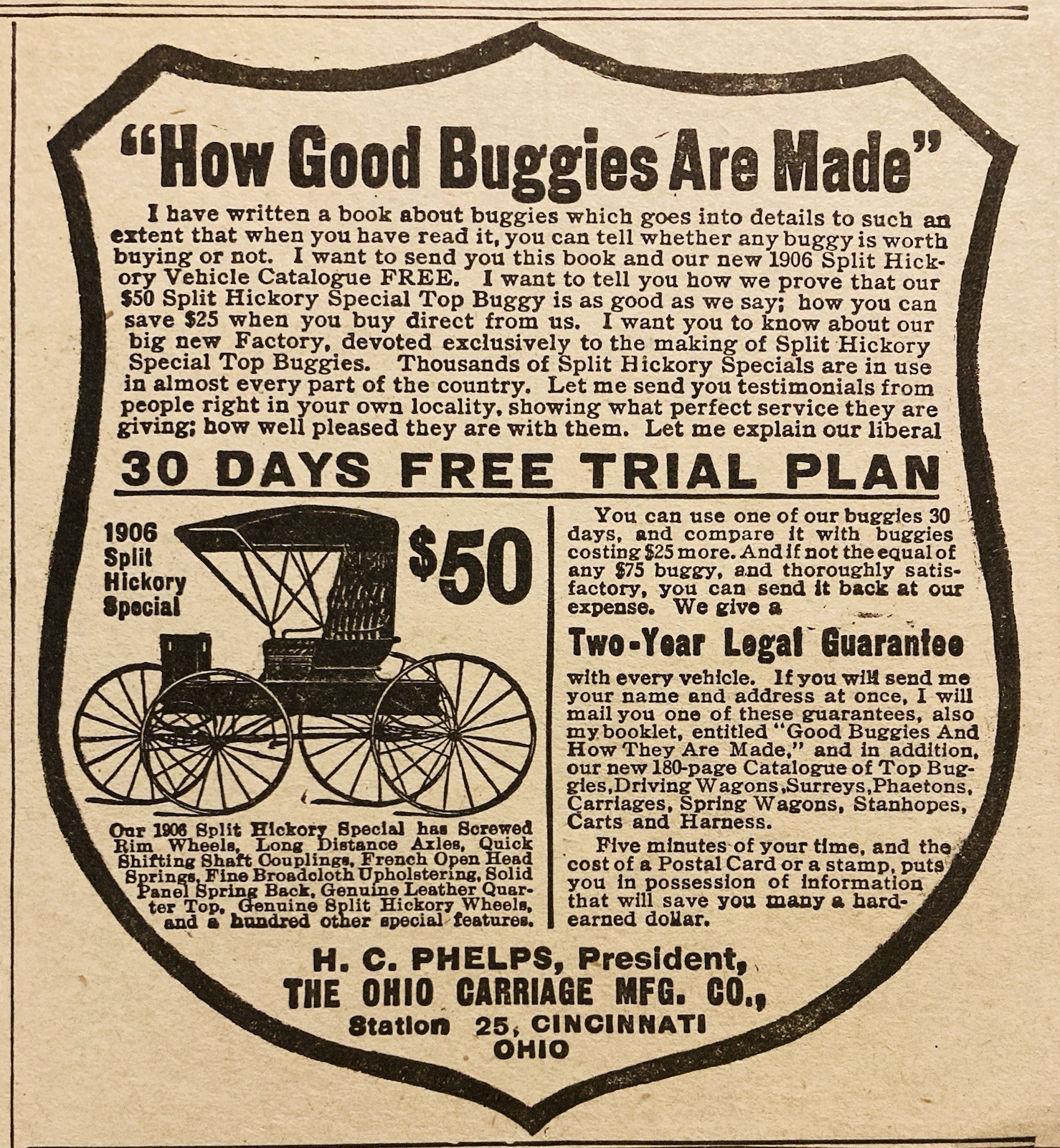 1906 AD.(XH82)~OHIO CARRIAGE MFG. CO. CINCINNATI, OHIO. SPLIT HICKORY BUGGIES