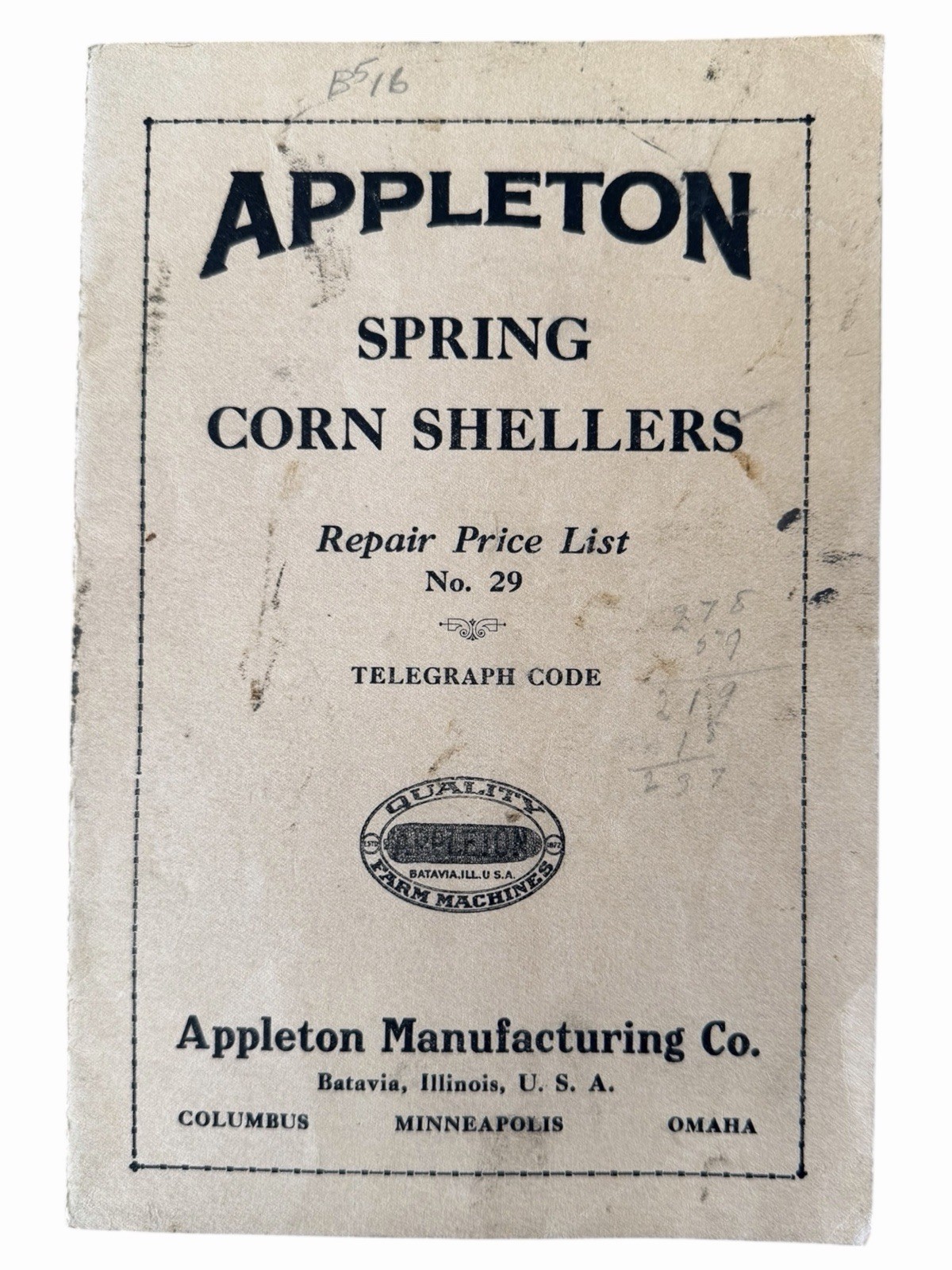 Appleton Mfg Co Spring Corn Shellers Parts List Batavia Illinois c.1929