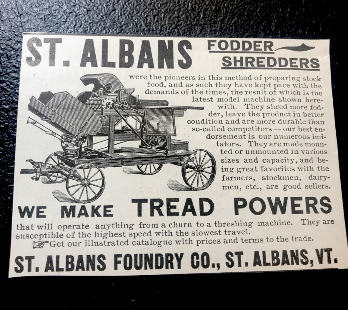 ORIGINAL 1897 St. Albans Fodder Shredder Farm Implement Advertising – Vermont