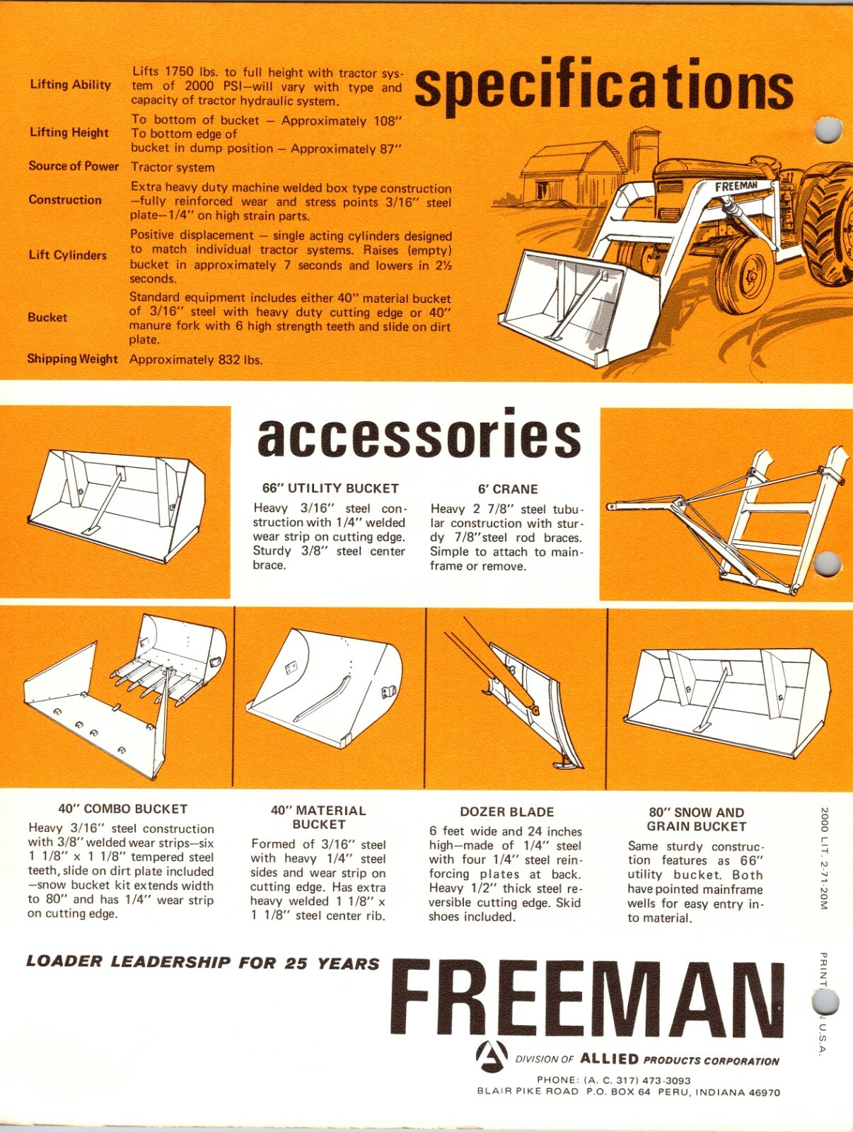 One(1) Freeman Series 2000 Loader Tractor Dealer Sales Specs Flyer Brochure
