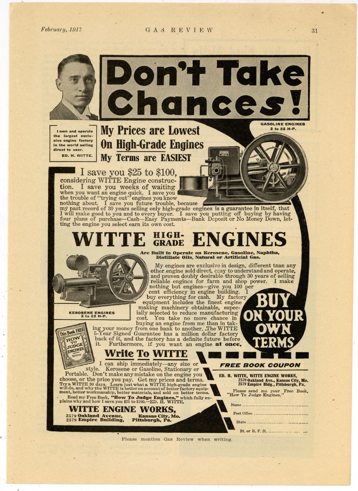 1917 Witte Engine Works Ad: 2-22 Horsepower – Gas, Kerosene, Oil. Kansas City MO