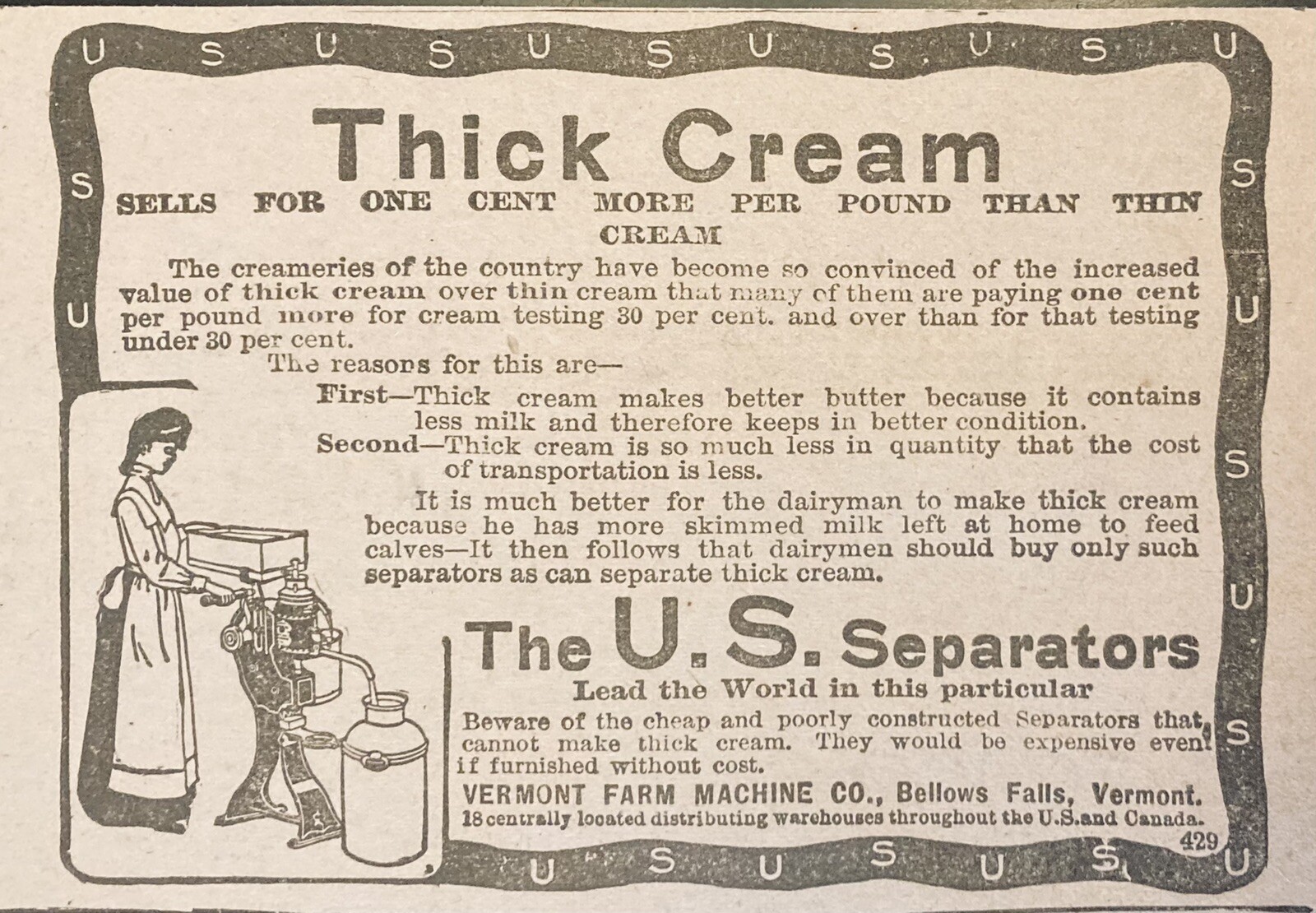 1906 AD(XH34)~VERMONT FARM MACHINE CO. BELLOWS FALLS, VT. U.S. CREAM SEPARATORS