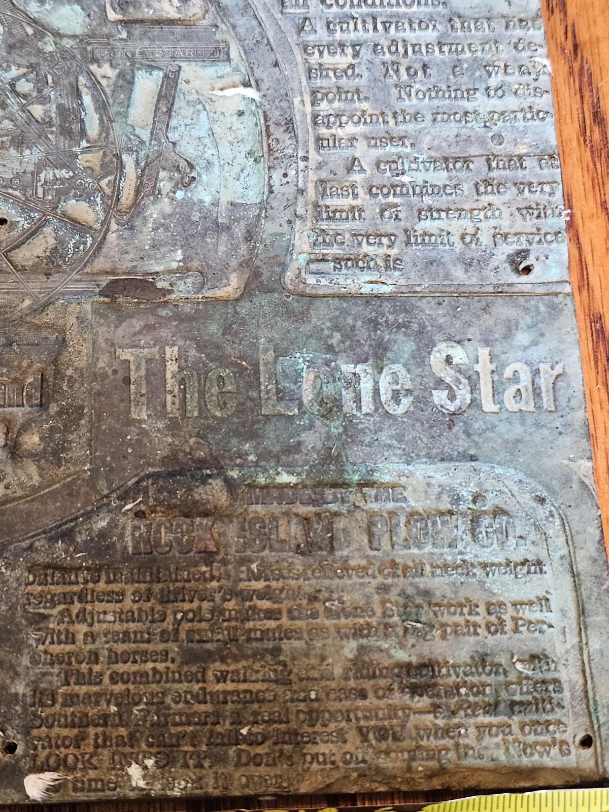 c1912 Rock Island Plow Lone Star Texas Cultivator Printer Block 6 1/2 X 7 Copper