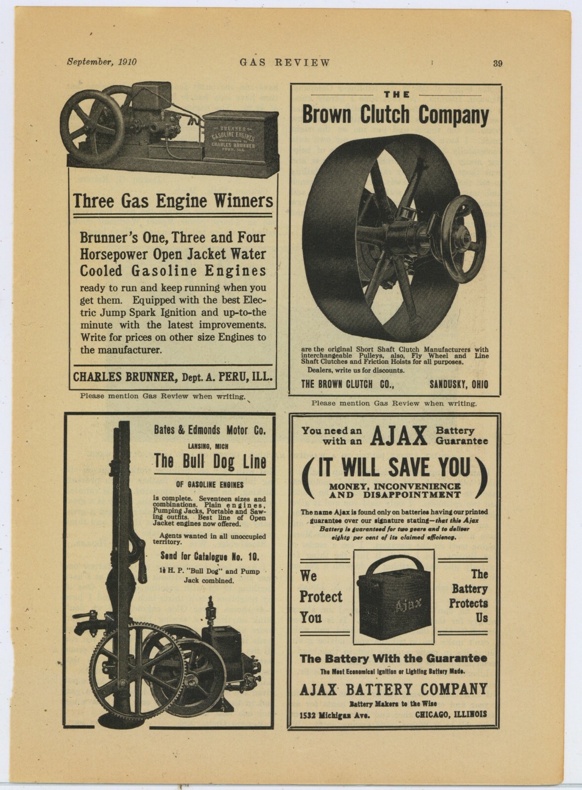 1910 Charles Brunner Gasoline Engines Ad: Bates & Edmonds Bulldog Line Same Page