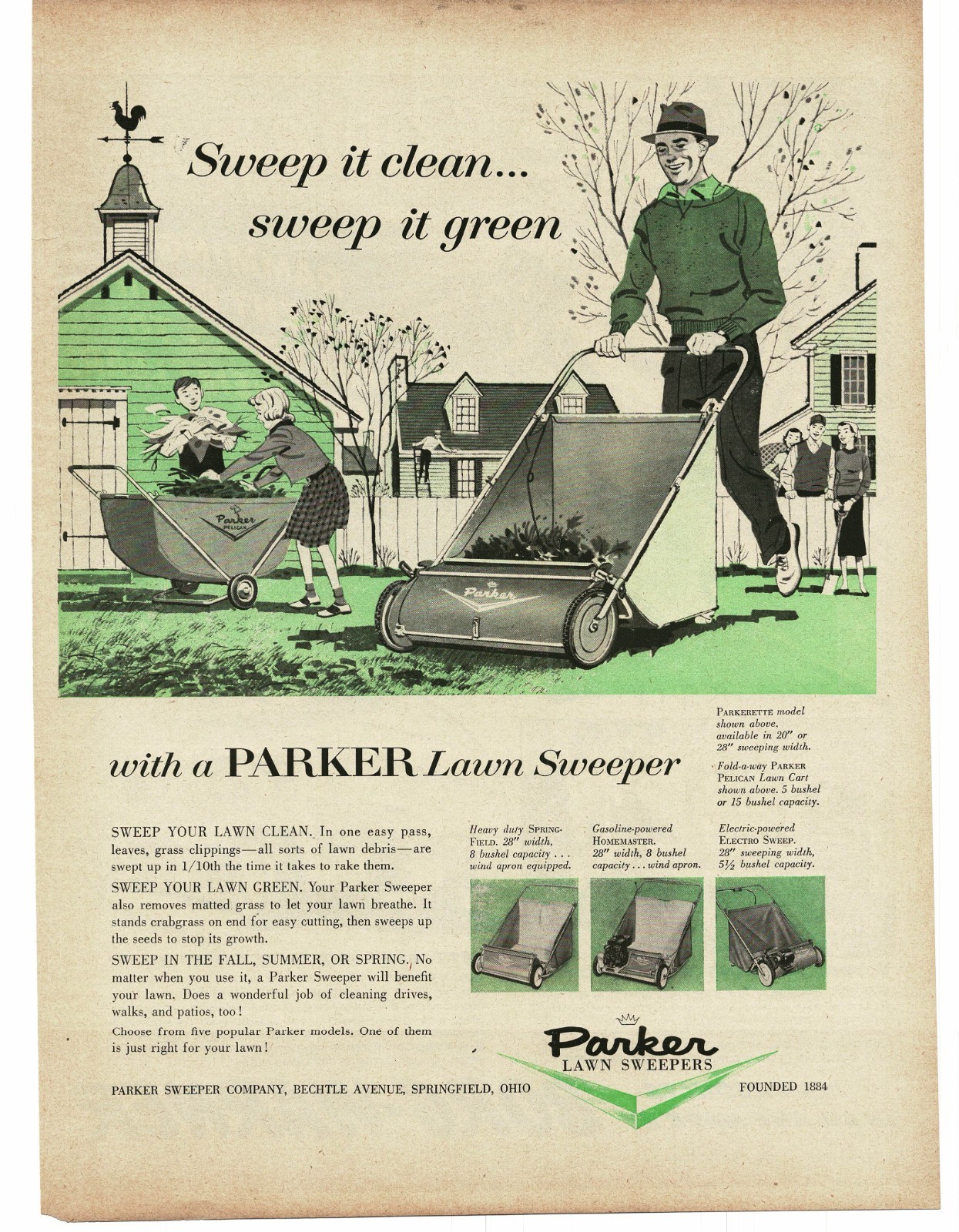 1956 Parker Parkerette Lawn Yard Sweeper Pelican Cart art Vintage Print Ad