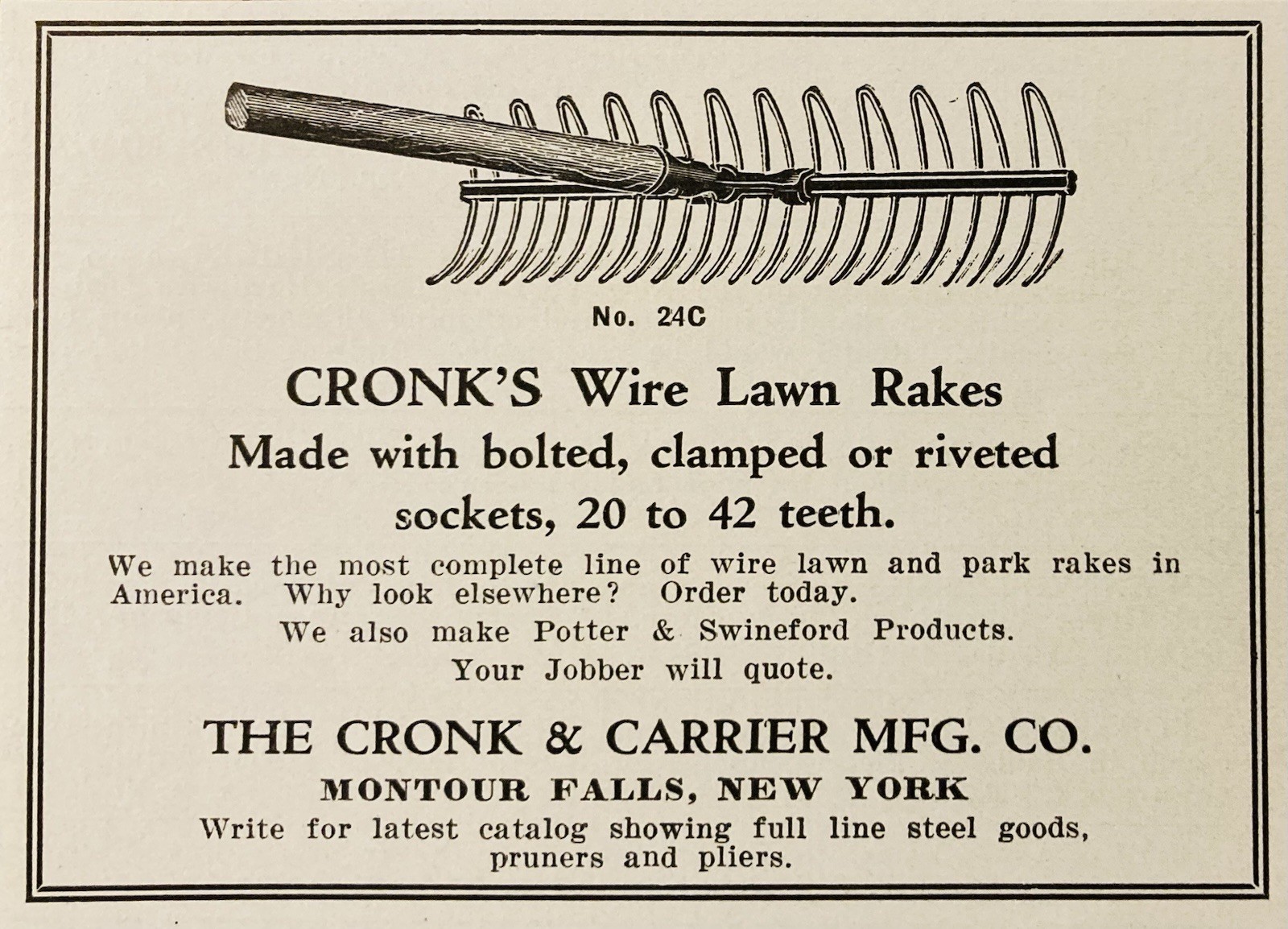 1929 AD.(XH83)~CRONK & CARRIER MFG. CO. MONTOUR FALLS, NY. WIRE LAWN RAKES