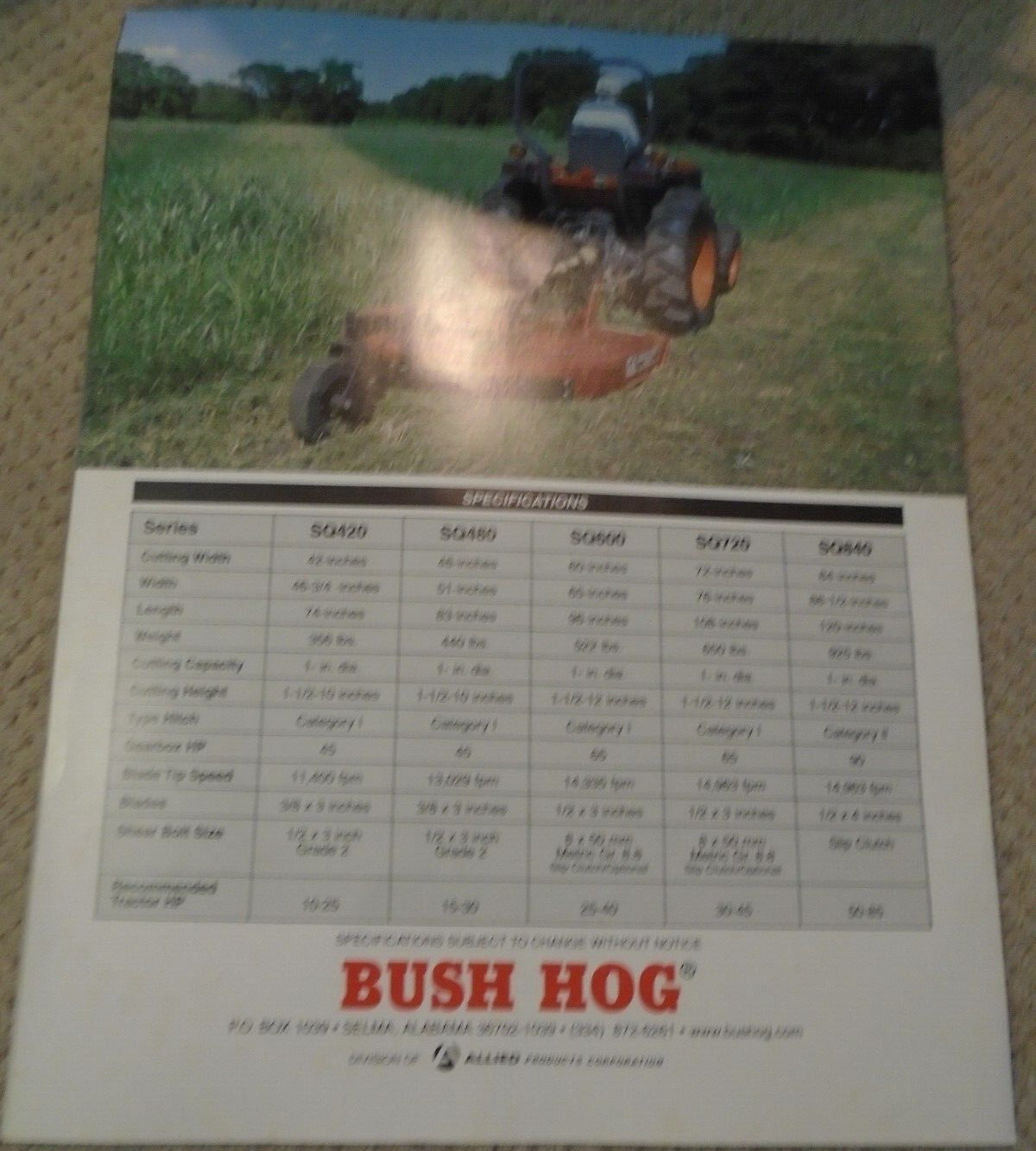 BUSH HOG The Squealer Line Rotary Cutter 4 Page Brochure GUC No Date