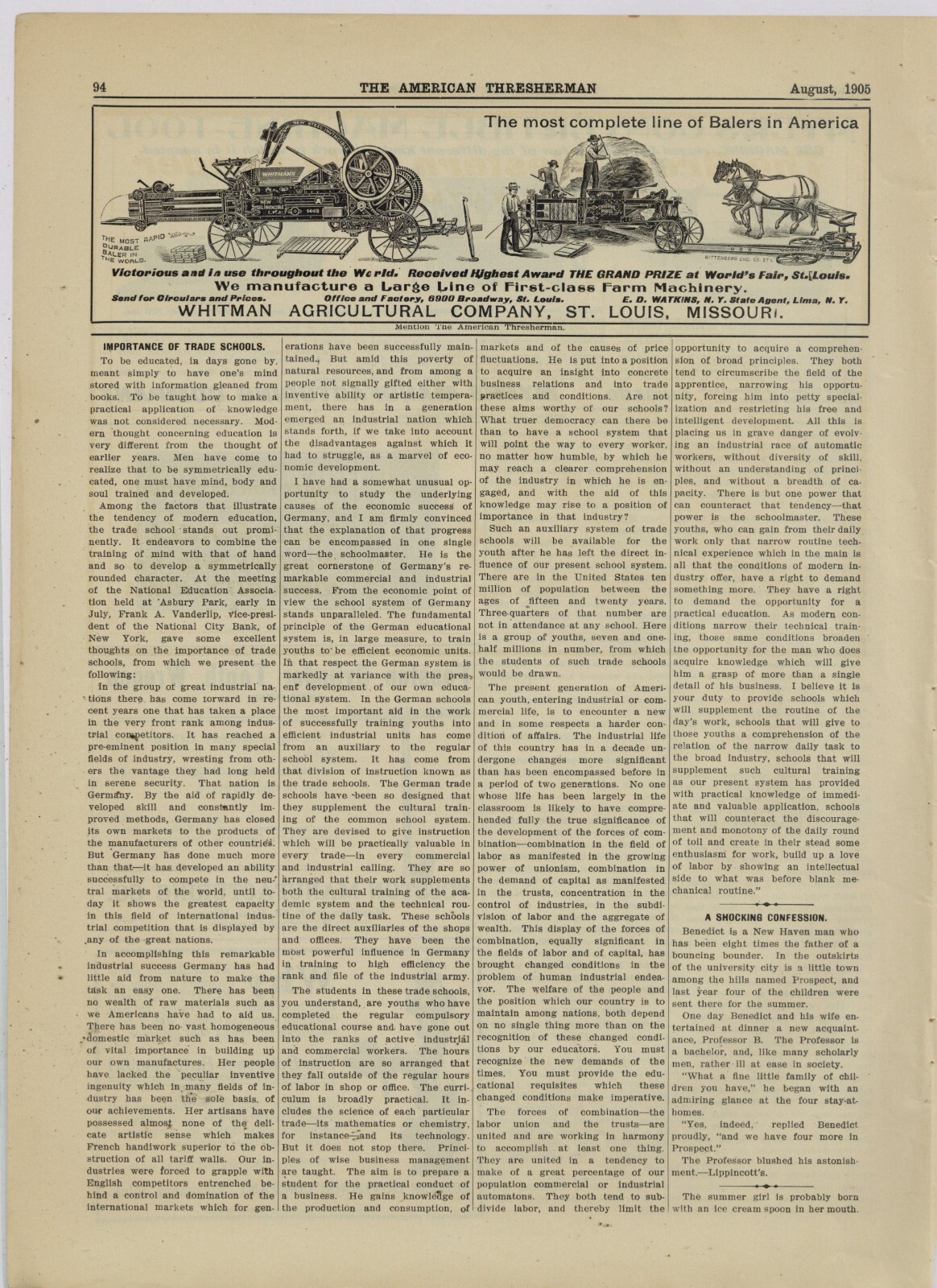 1905 Whitman Agricultural Co. Ad: Complete Line of Balers – St. Louis, Missouri