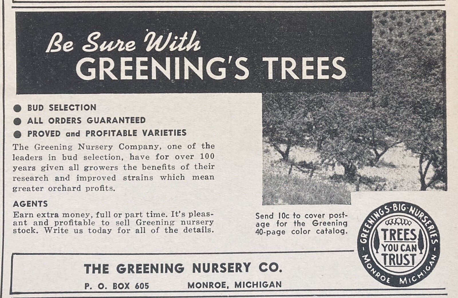 1958 AD.(XG4)~THE GREENING NURSERY CO. MONROE, MI. “TREES YOU CAN TRUST”