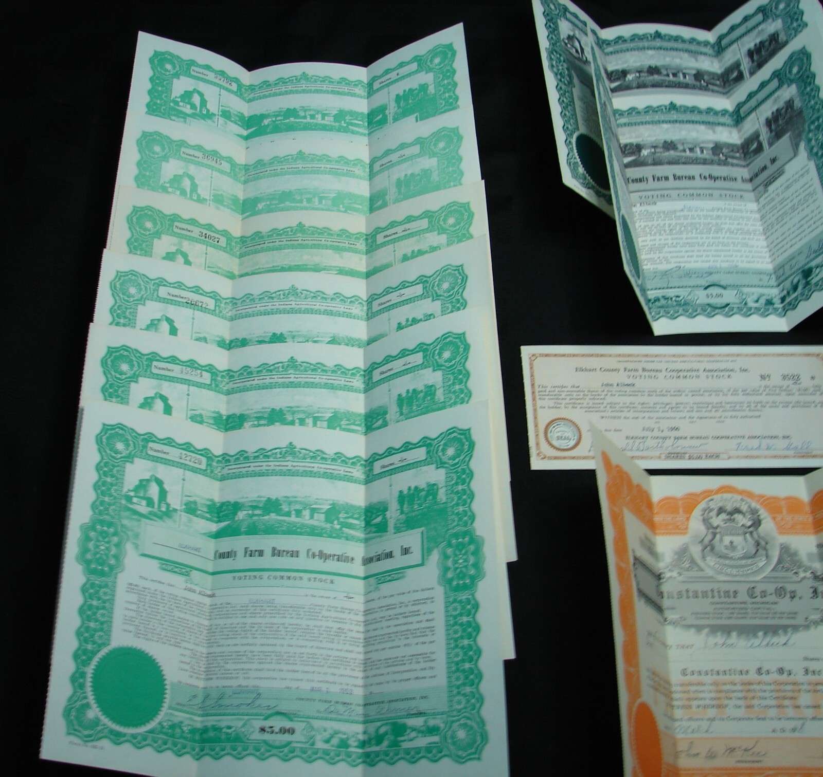 Vintage collection of 10 Farm Bureau Co-Op Stocks 1948-1960
