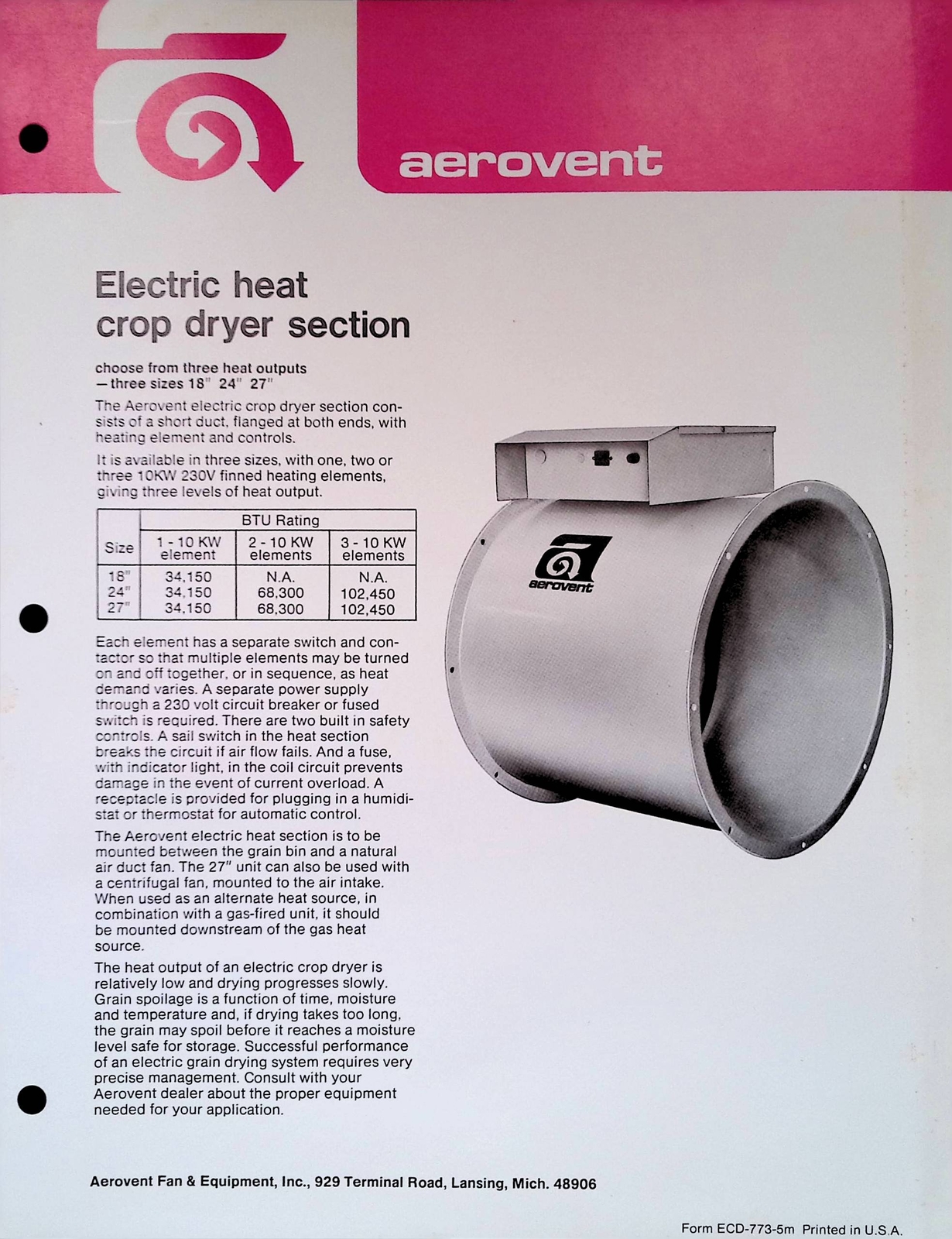 Vintage Farm Advertisement Spec Sheet Aerovent Electric Heat Crop Dryer Section
