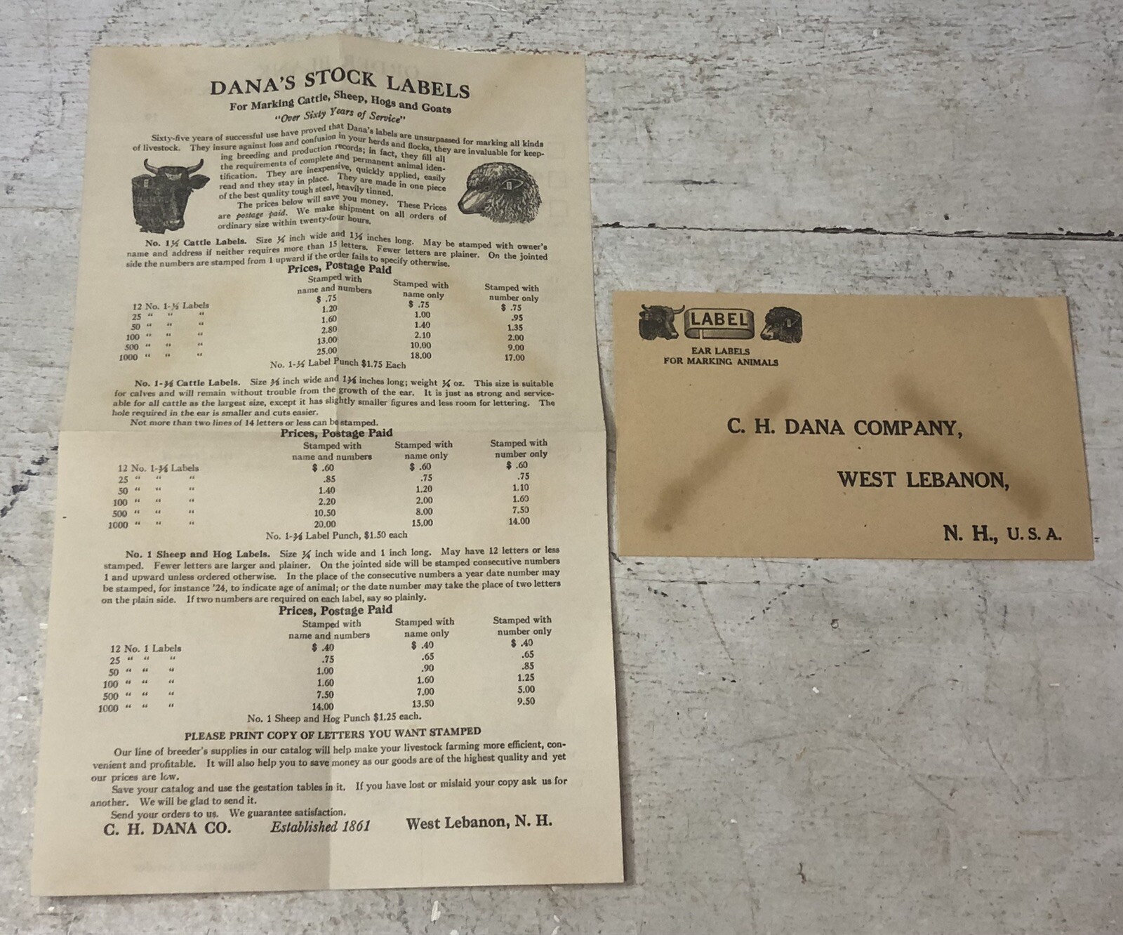 Vintage CH Dana Company Livestock Labels Order Sheet & Return Envelope NH