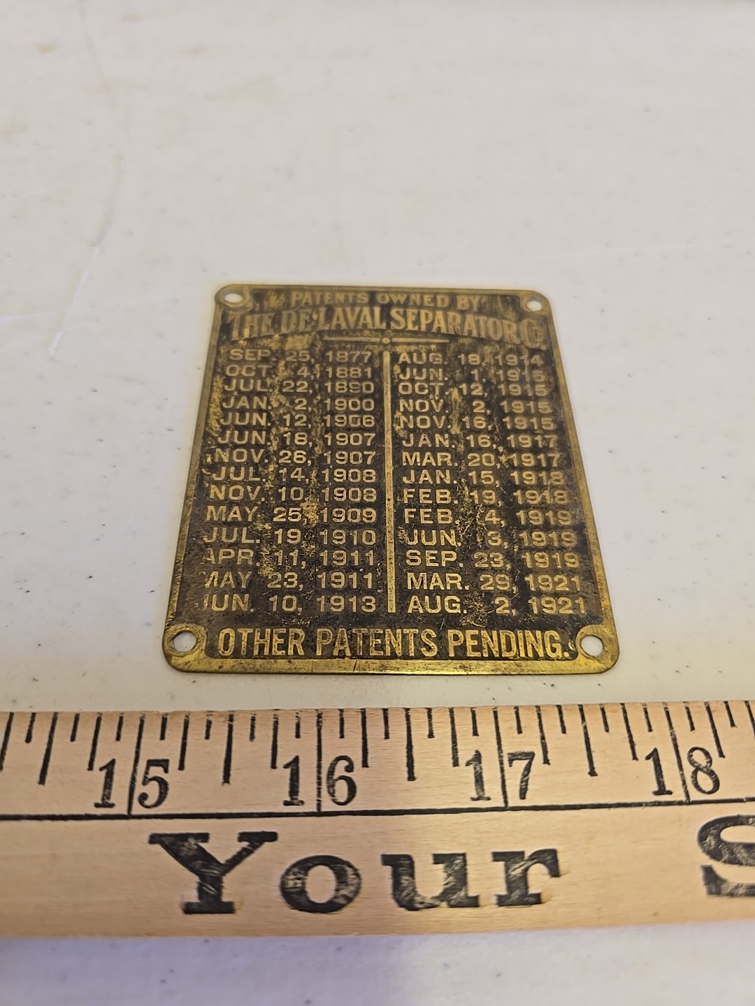 Antique De Laval Seperator Co Advertising 1921 Brass Patent List Badge Emblem