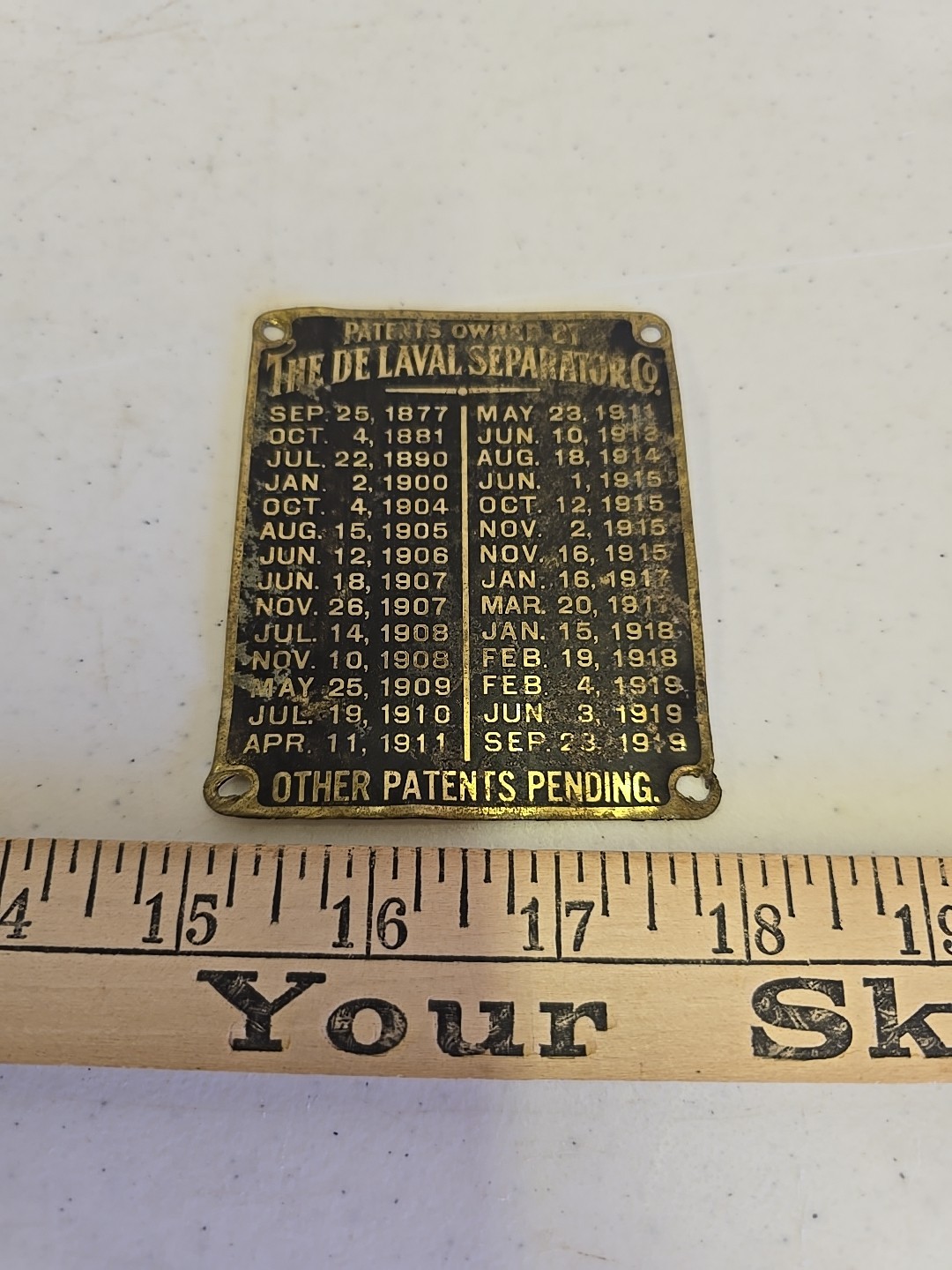 Antique De Laval Seperator Co Advertising 1919 Brass Patent List Badge Emblem