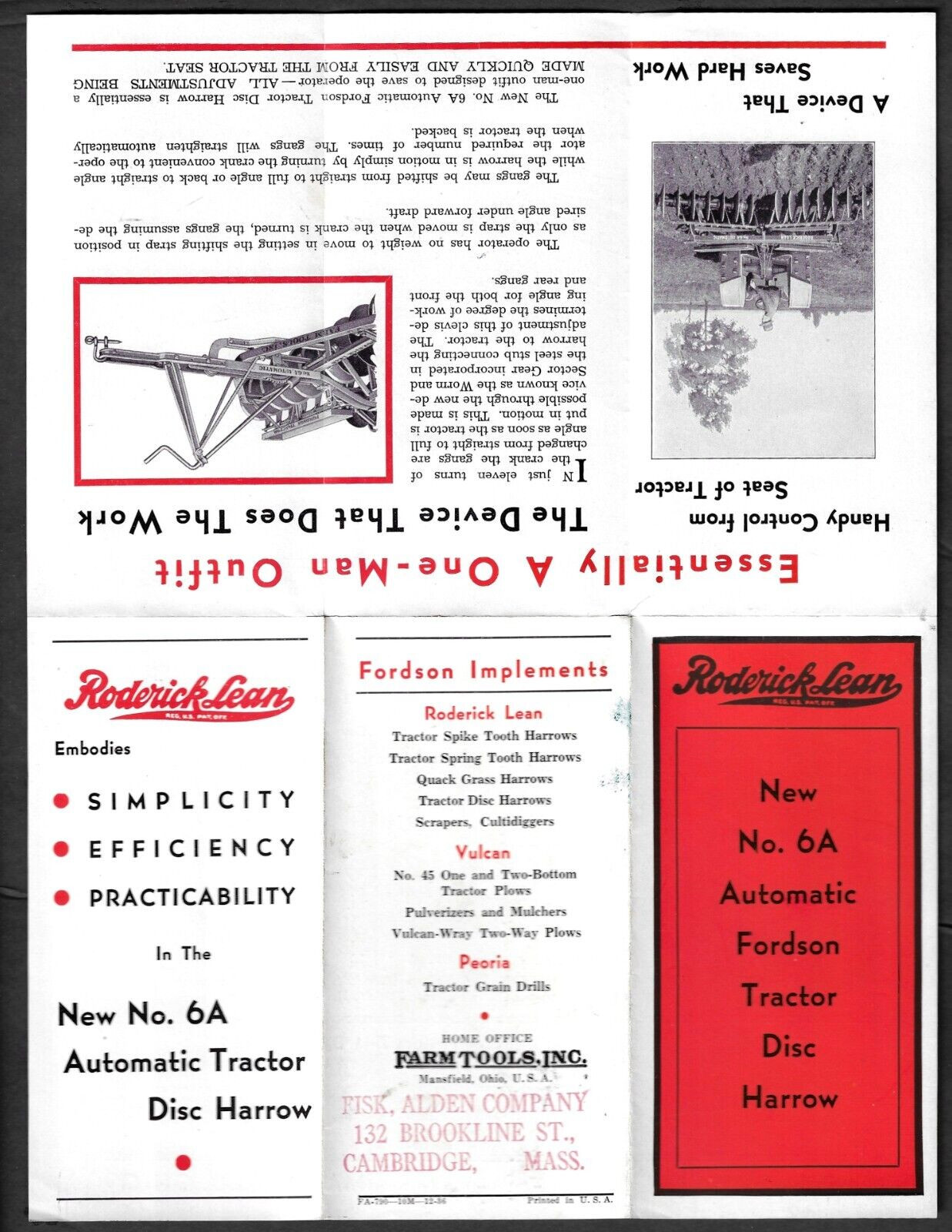 1936 brochure for the Automatic Fordson Tractor Disc Harrow ~ Mansfield, Ohio
