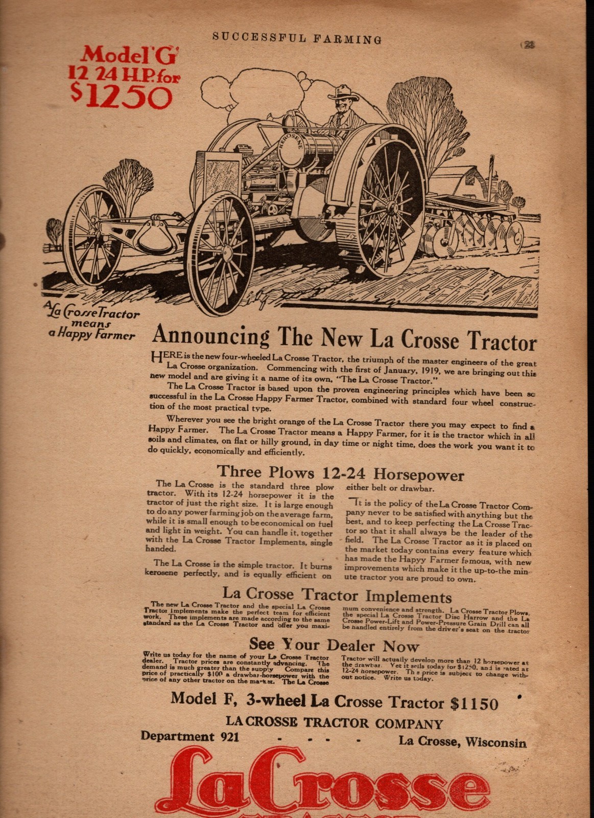 1919 La Crosse Model G original Tractor ad – La Crosse WI Scarce