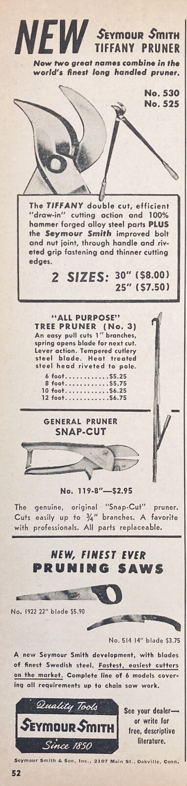 1958 AD.(XF19)~SEYMOUR SMITH & SON. OSKVILLE, CONN. S-S TIFFANY PRUNERS SAWS