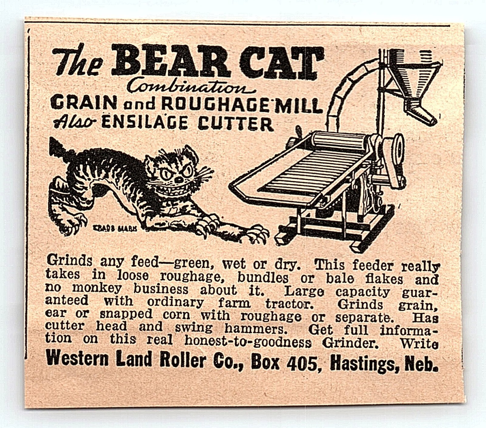 1930s THE BEAR CAT COMBUSTION GRAIN AND ROUGHAGE MILL PRINT ADVERTISEMENT Z7233