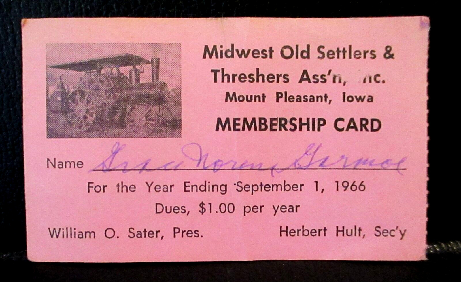 Midwest Old Settlers Threshers Mt Pleasant Iowa IA 1966 Membership Card & Button