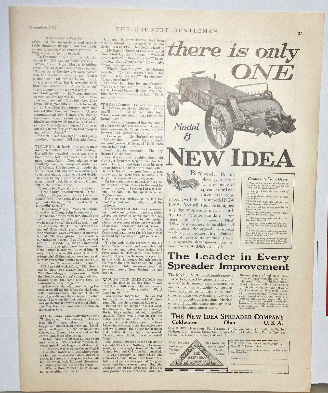 1927 magazine ad for New Idea Spreader, Model 8 the original wide-spread machine