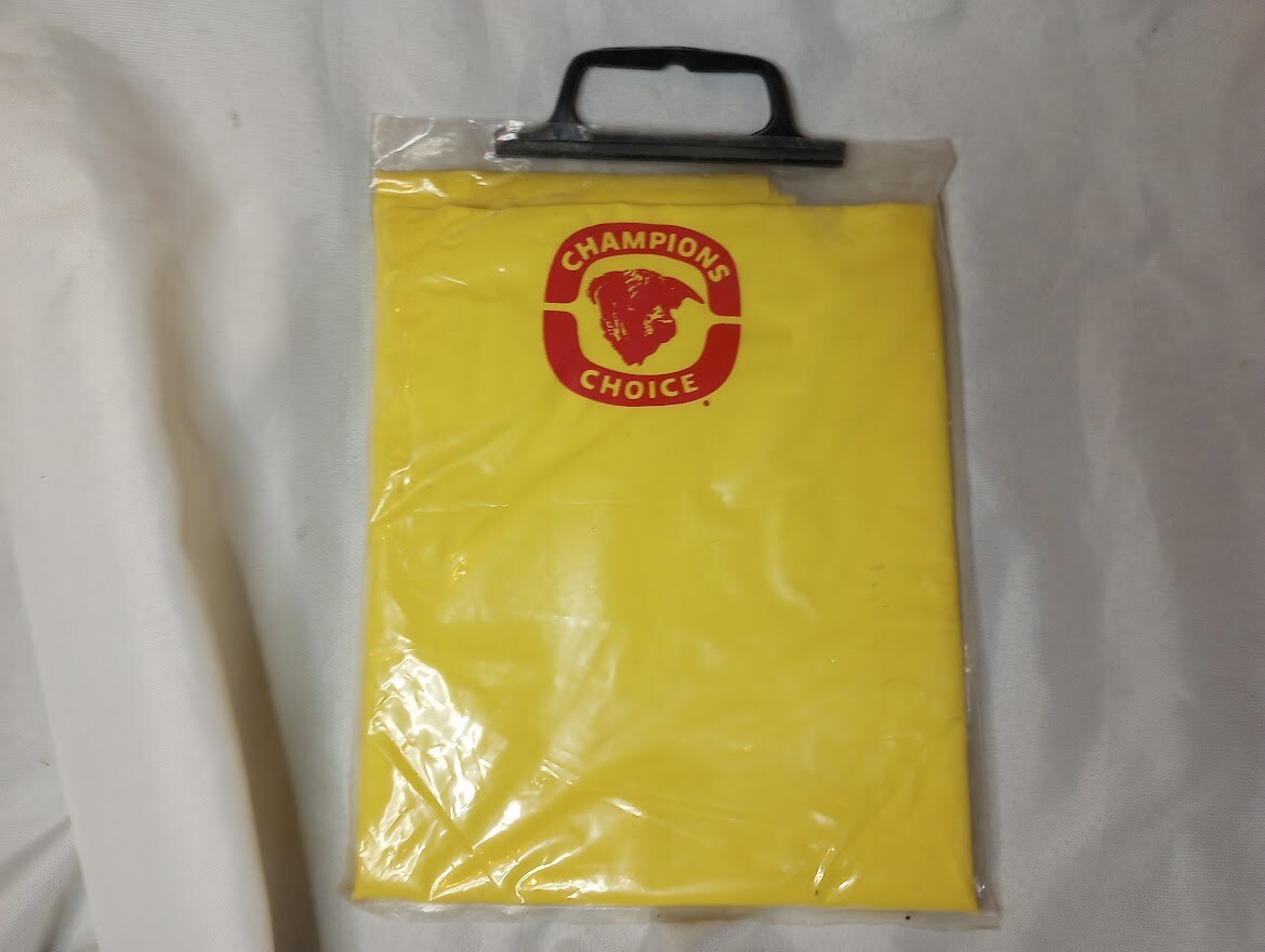 —NOS vintage “Champions Choice” salt advertising vinyl rain poncho livestock