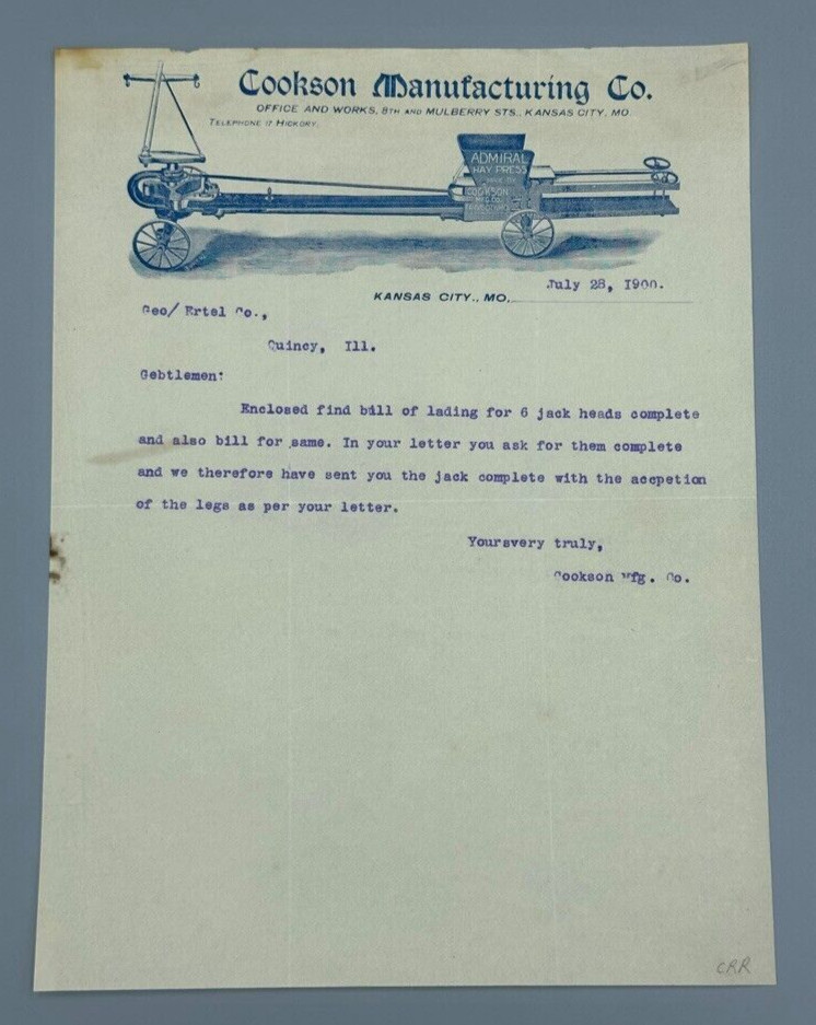 1900 Cookson ADMIRAL HAY Press FARM Advertising Letterhead Antique KANSAS CITY