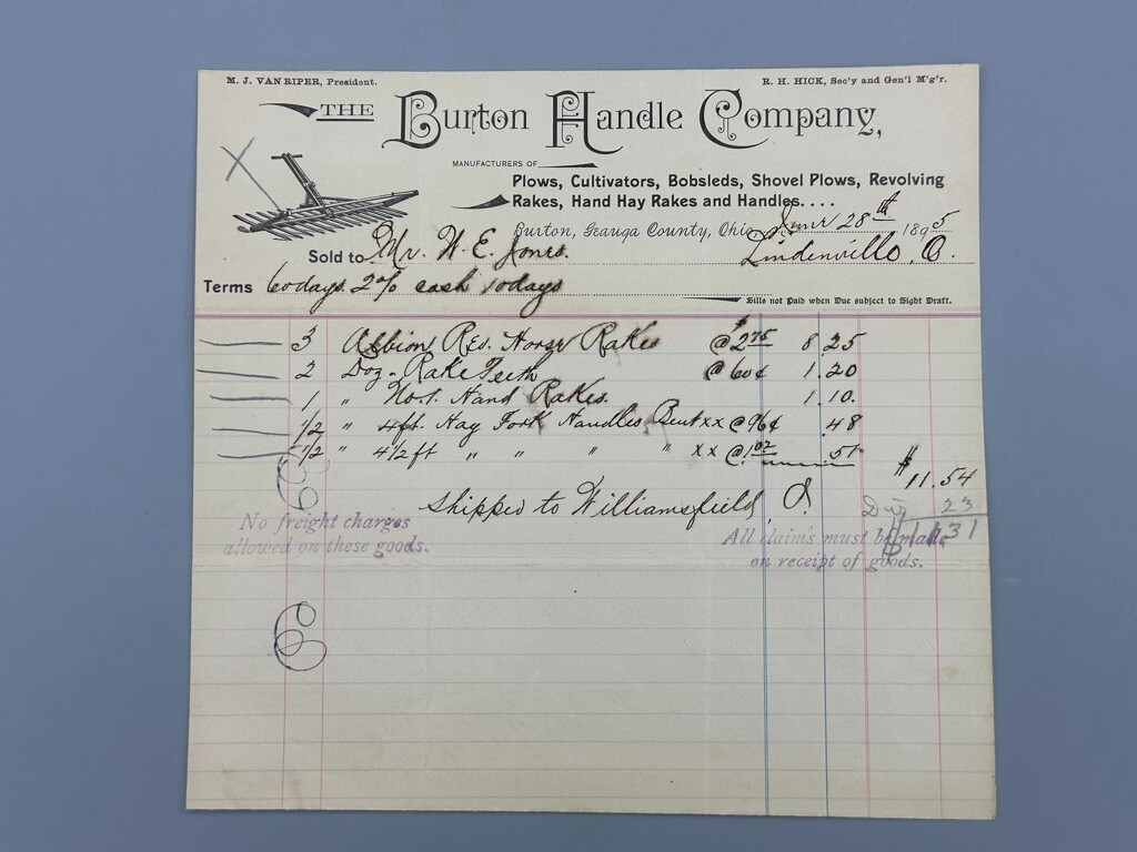 1895 BURTON Handle FARM Advertising GEAUGA COUNTY Ohio Bill Letterhead Antique